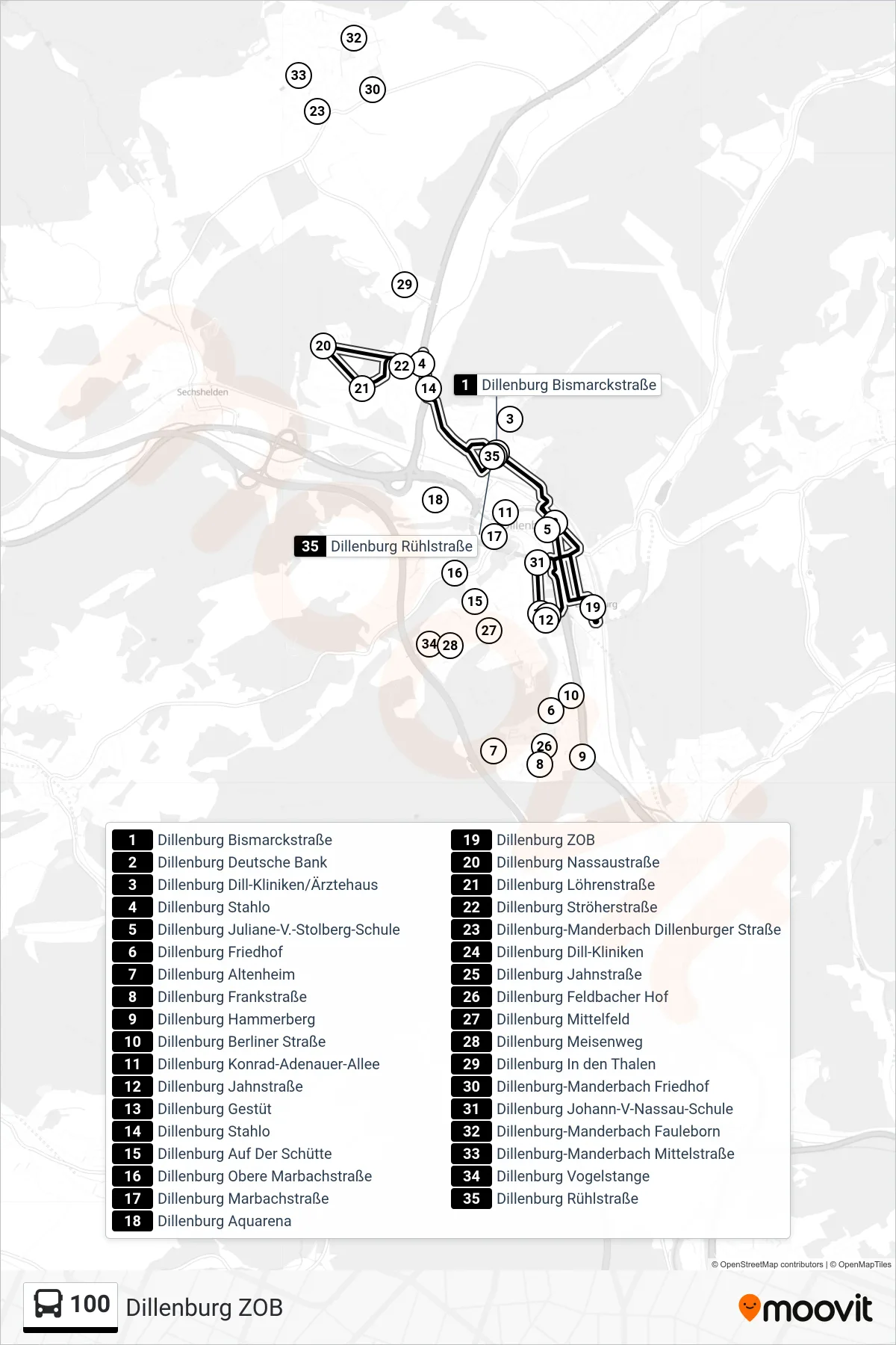100 bus Line (Dillenburg ZOB) route and stops on a map