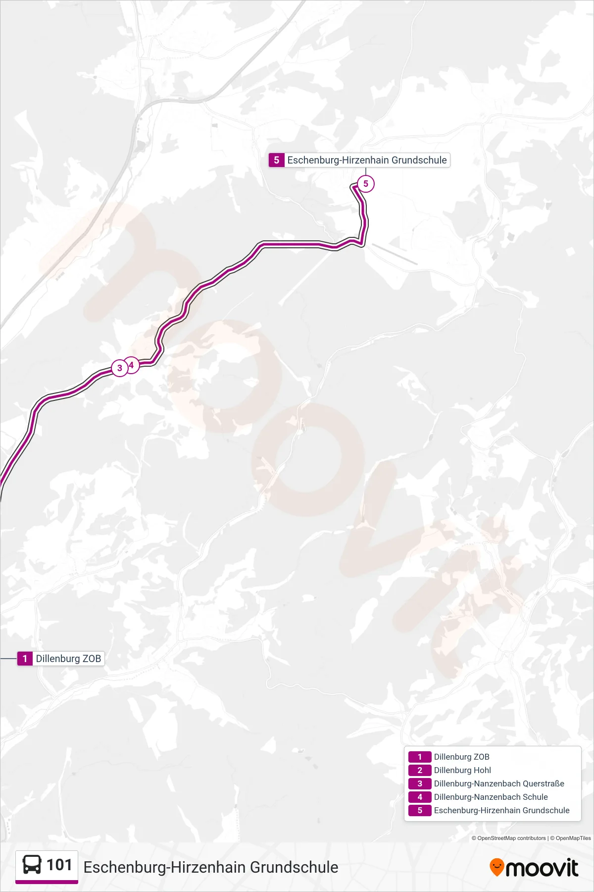 101 bus Line (Eschenburg-Hirzenhain Grundschule) route and stops on a map