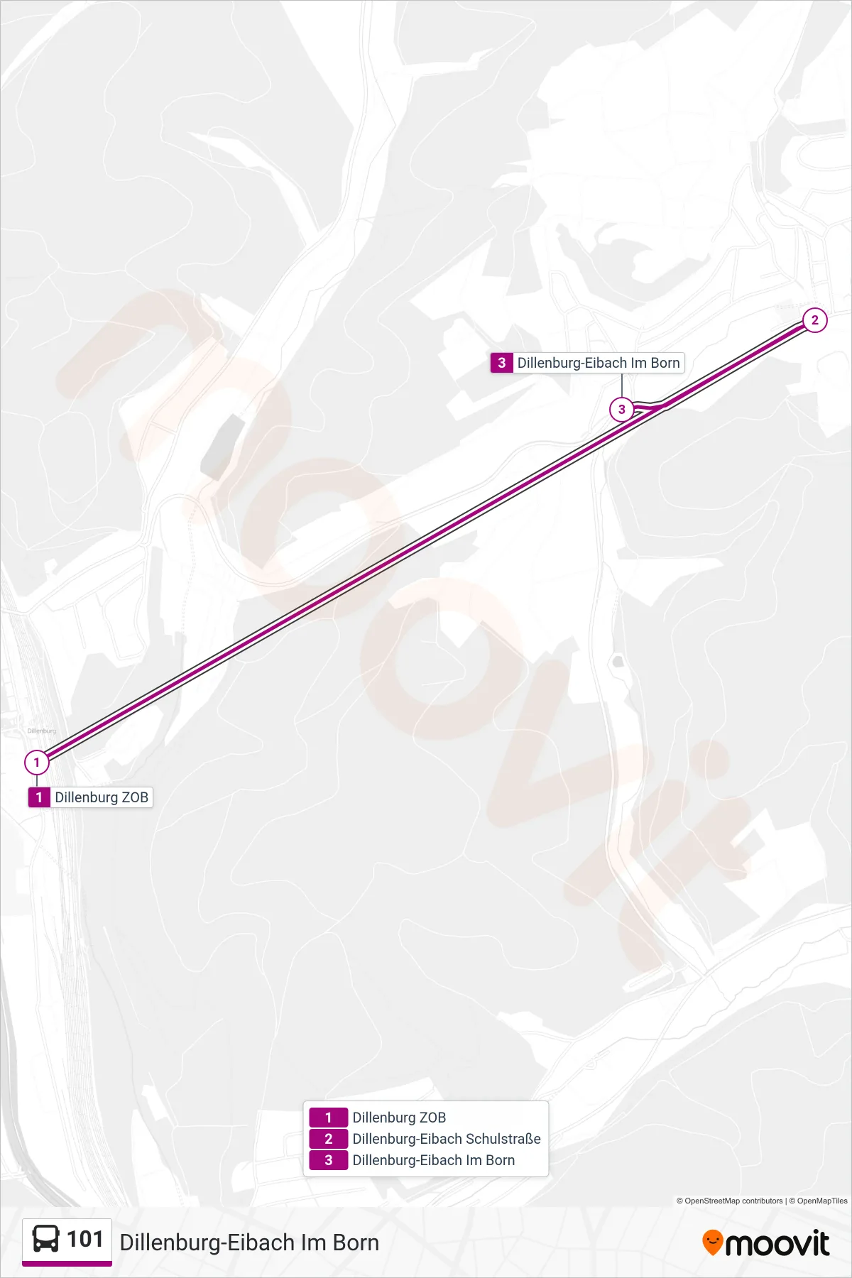 101 bus Line (Dillenburg-Eibach Im Born) route and stops on a map