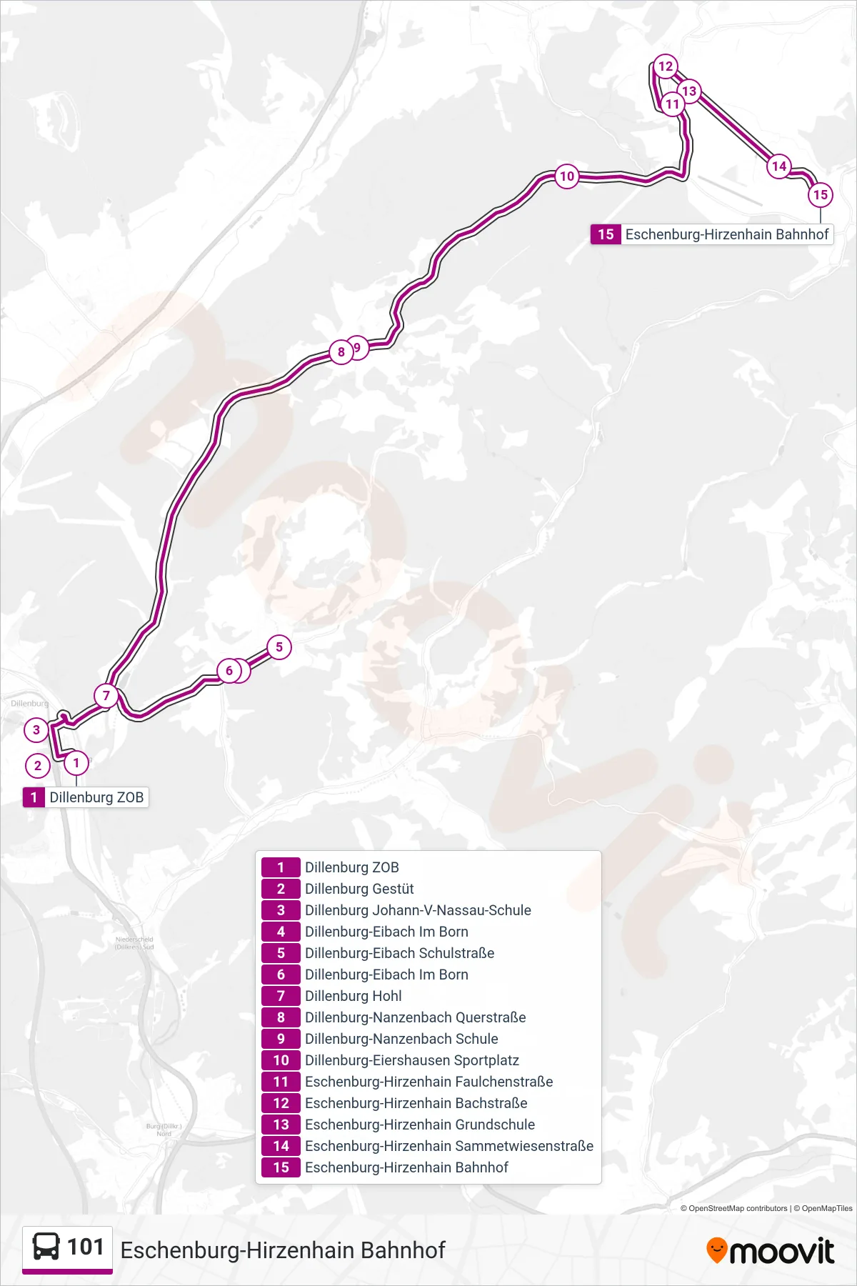 101 bus Line (Eschenburg-Hirzenhain Bahnhof) route and stops on a map
