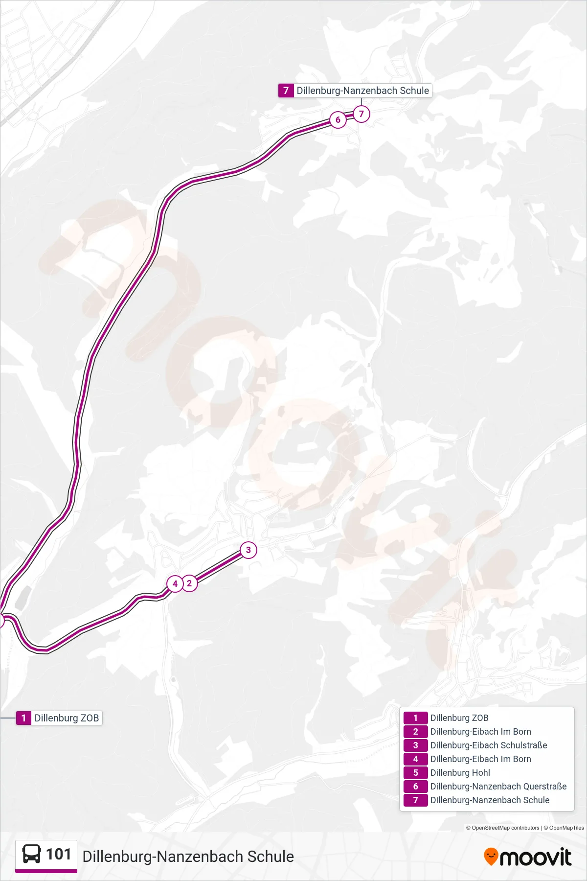Linie 101 (Bus) Richtung Dillenburg-Nanzenbach Schule: Route und Haltestellen auf der Karte