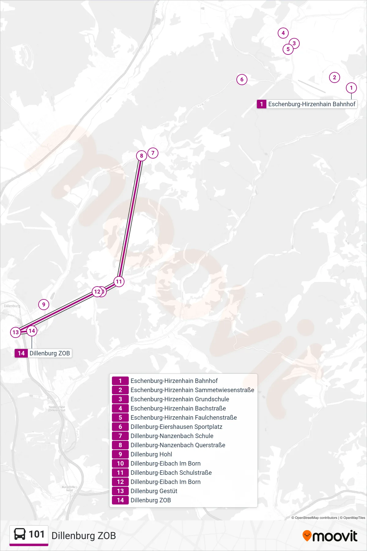101 bus Line (Dillenburg ZOB) route and stops on a map
