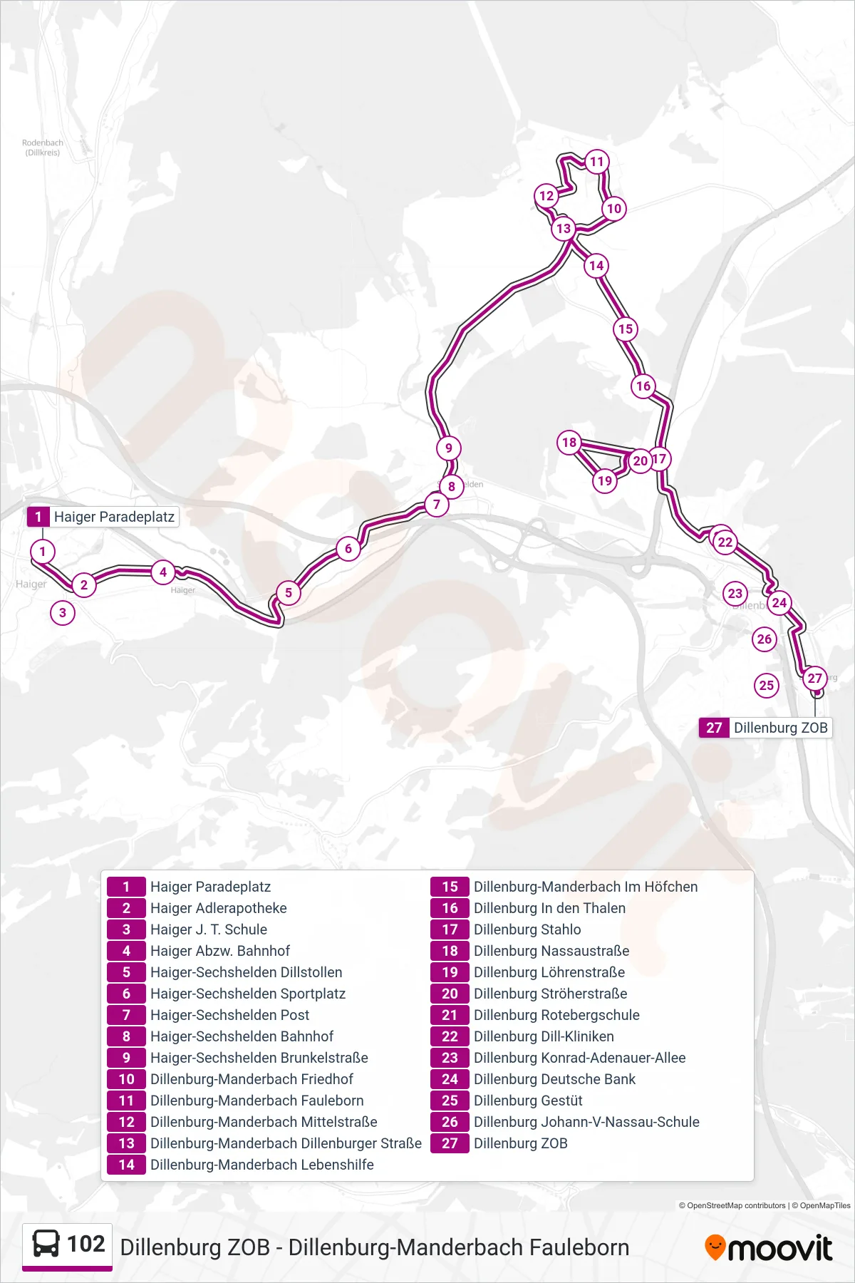 102 bus Line (Dillenburg ZOB) route and stops on a map
