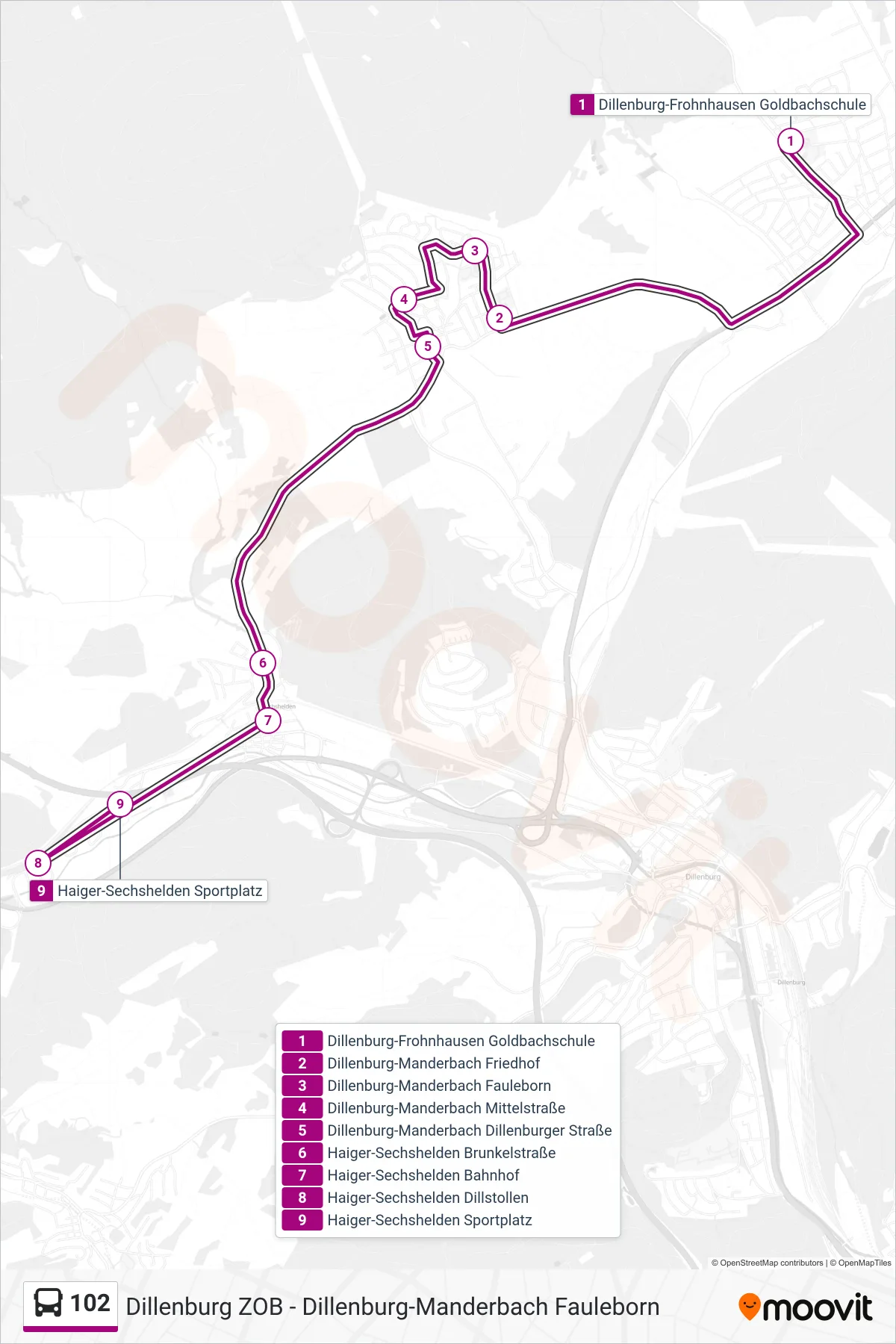 102 bus Line (Haiger-Sechshelden Sportplatz) route and stops on a map