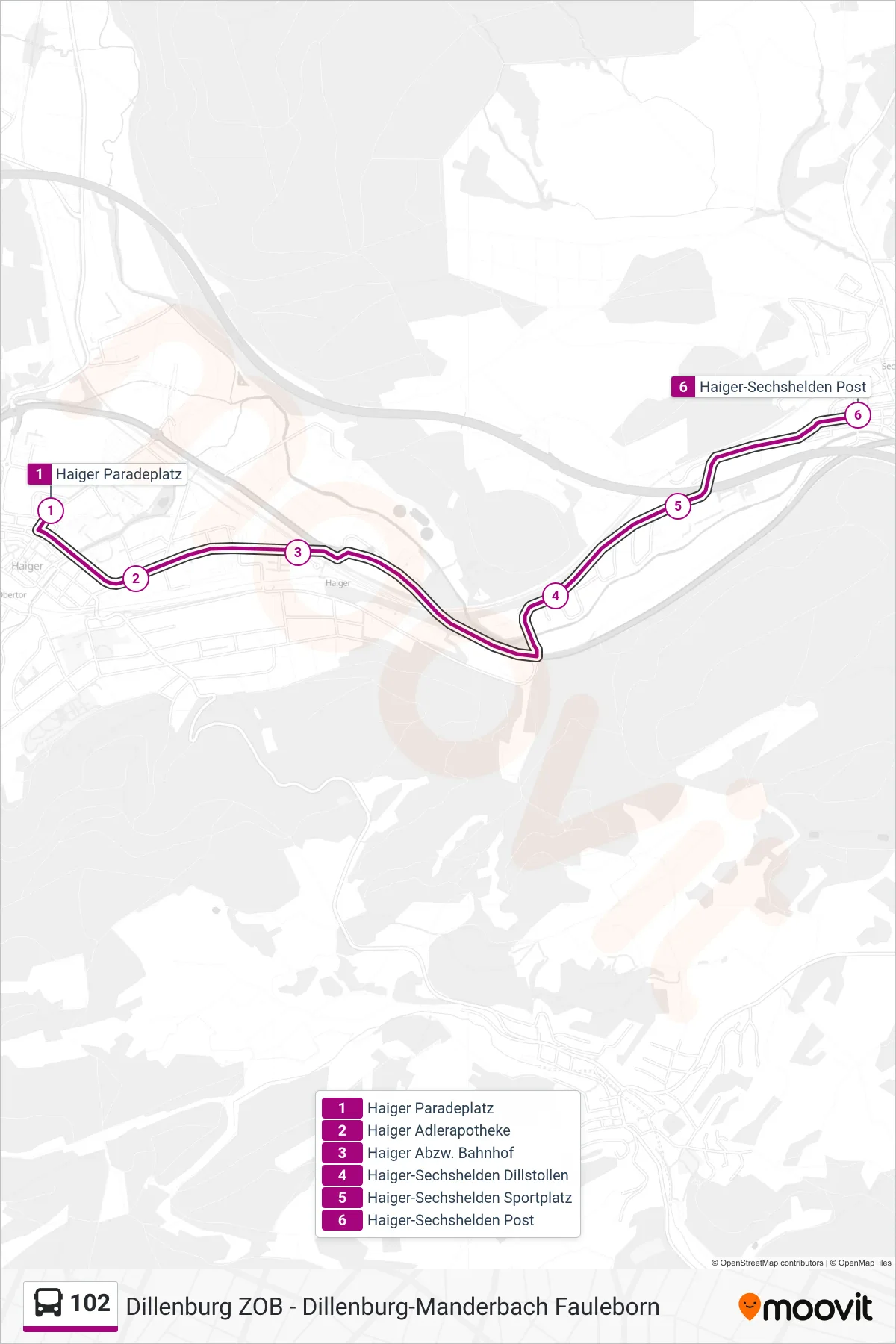 102 bus Line (Haiger-Sechshelden Post) route and stops on a map
