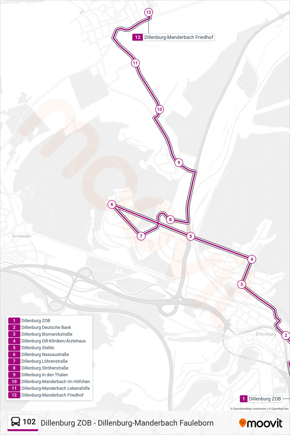 102 bus Line (Dillenburg-Manderbach Friedhof) route and stops on a map