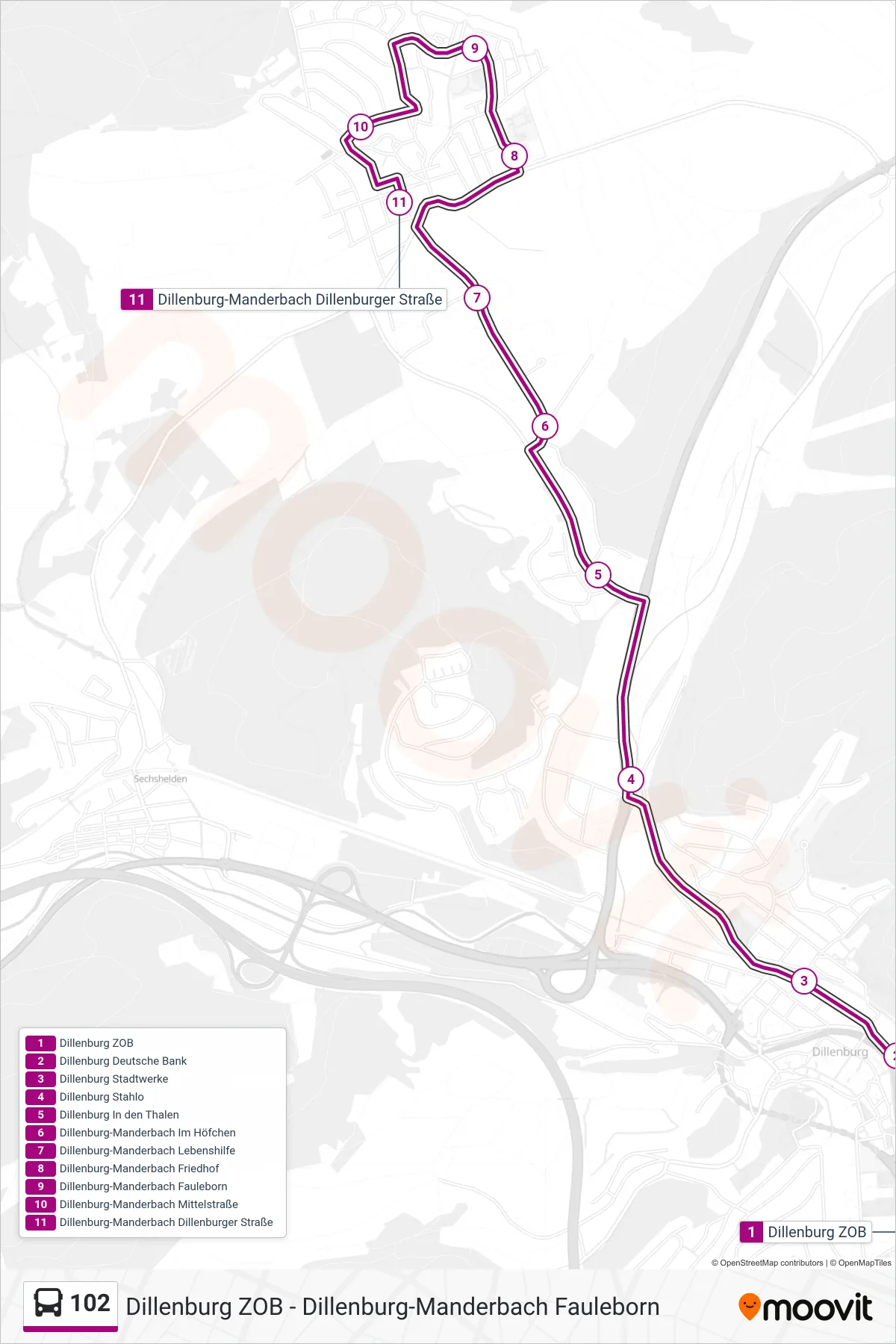 102 bus Line (Dillenburg-Manderbach Dillenburger Straße) route and stops on a map