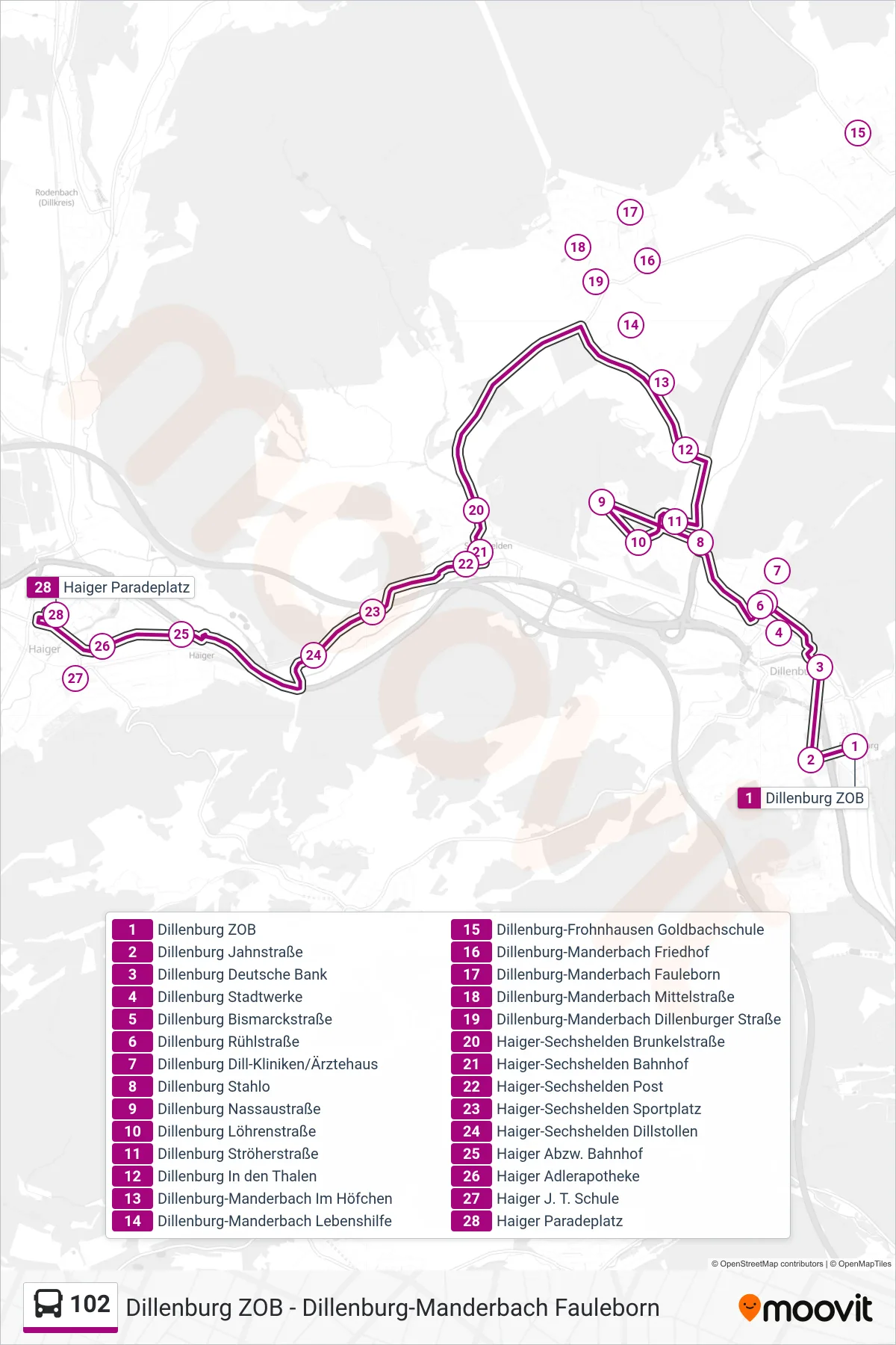 102 bus Line (Haiger Paradeplatz) route and stops on a map