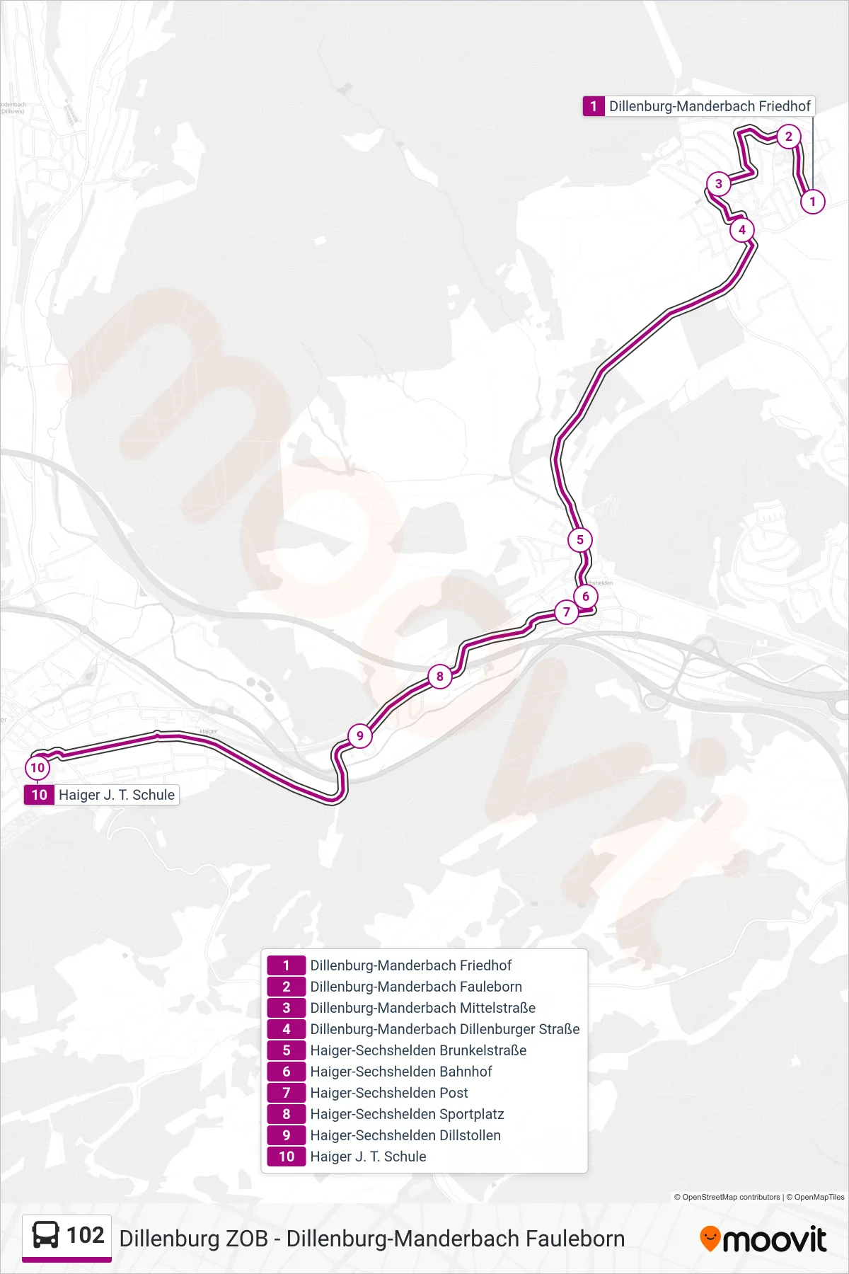 102 bus Line (Haiger J. T. Schule) route and stops on a map