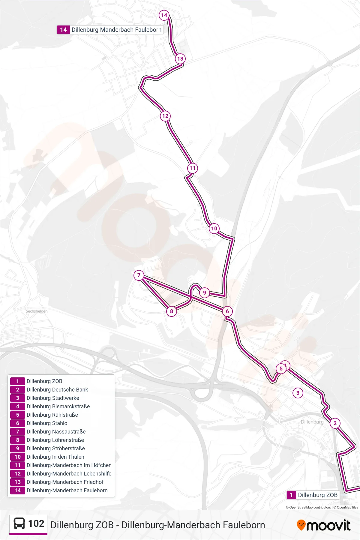 102 bus Line (Dillenburg-Manderbach Fauleborn) route and stops on a map