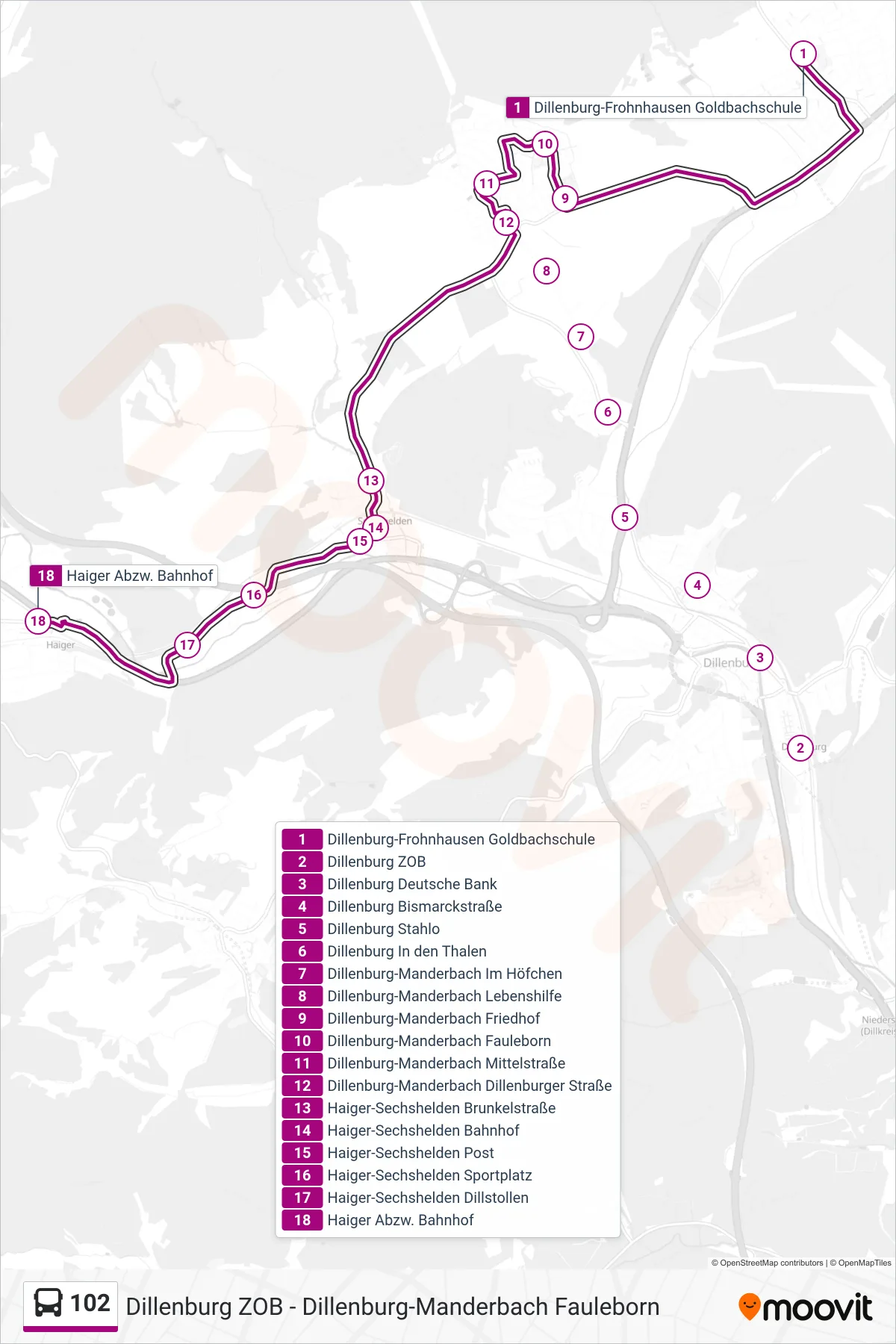 102 bus Line (Haiger Abzw. Bahnhof) route and stops on a map