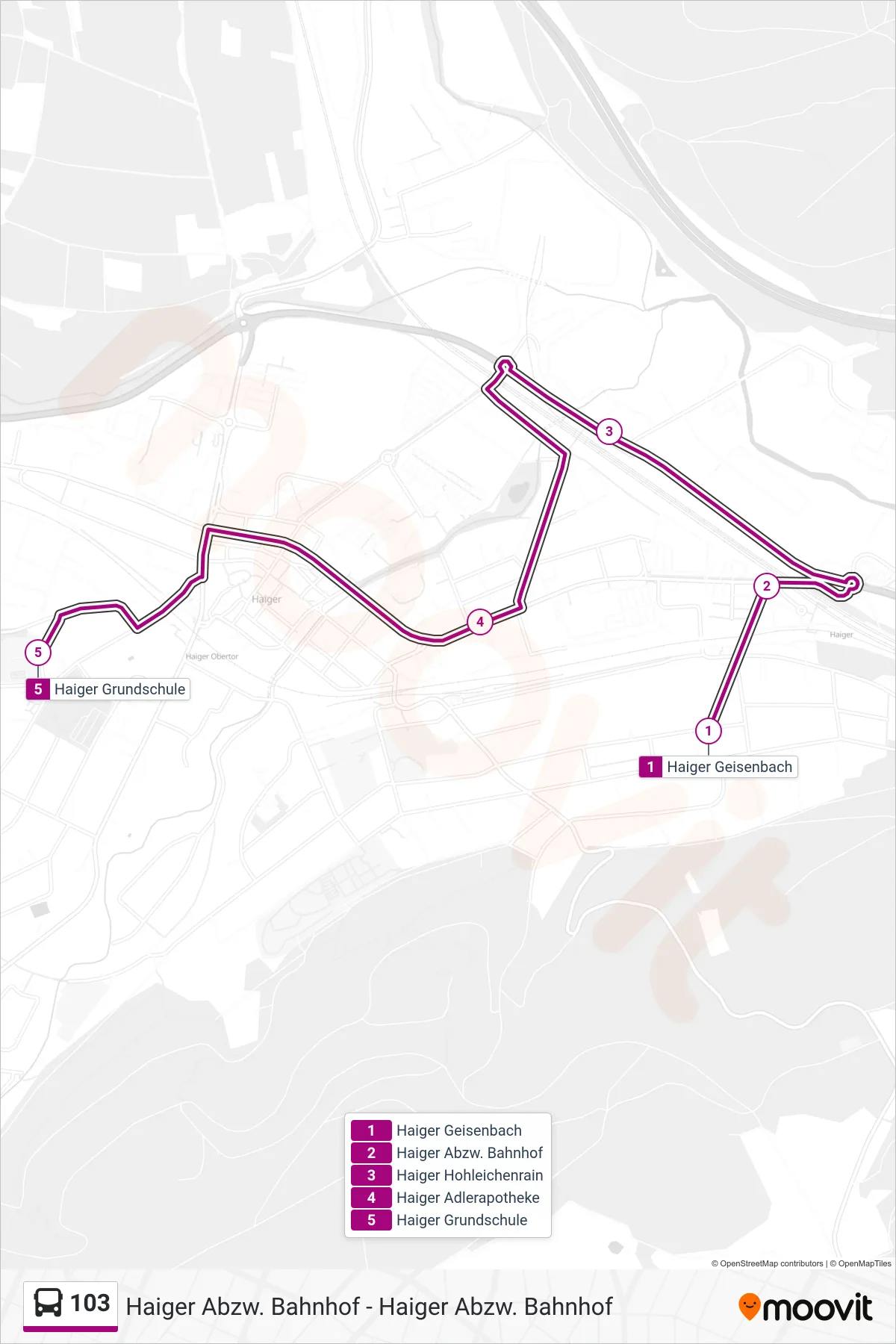 103 bus Line (Haiger Grundschule) route and stops on a map