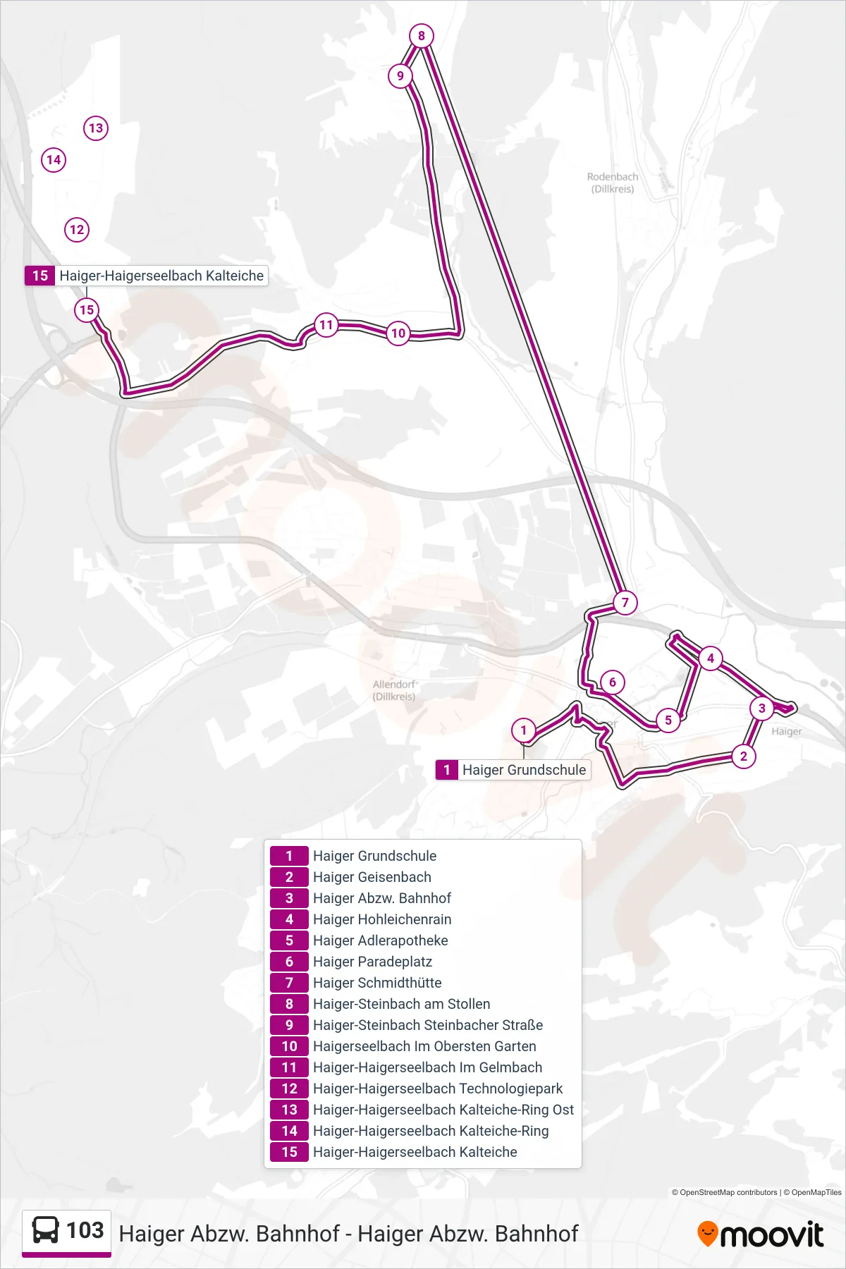 103 bus Line (Haiger-Haigerseelbach Kalteiche) route and stops on a map
