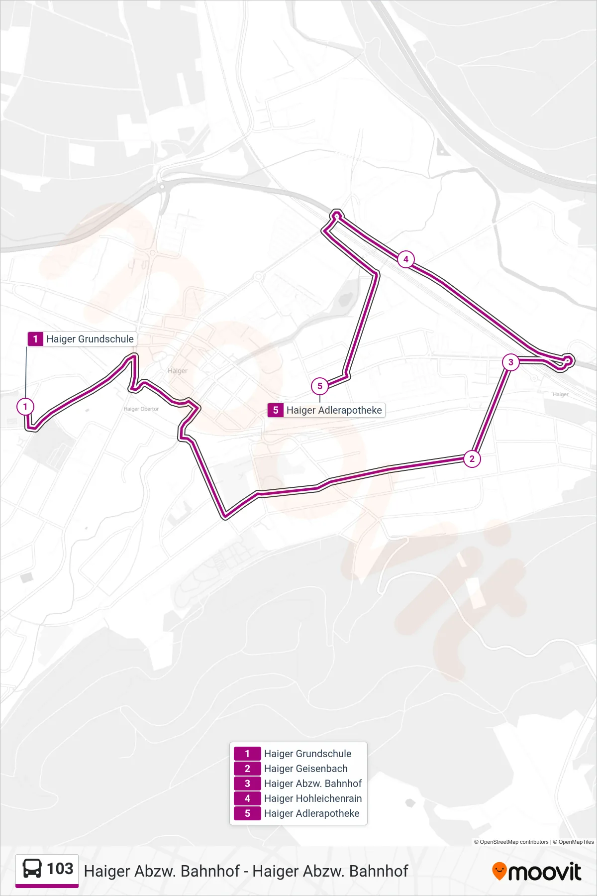 103 bus Line (Haiger Adlerapotheke) route and stops on a map