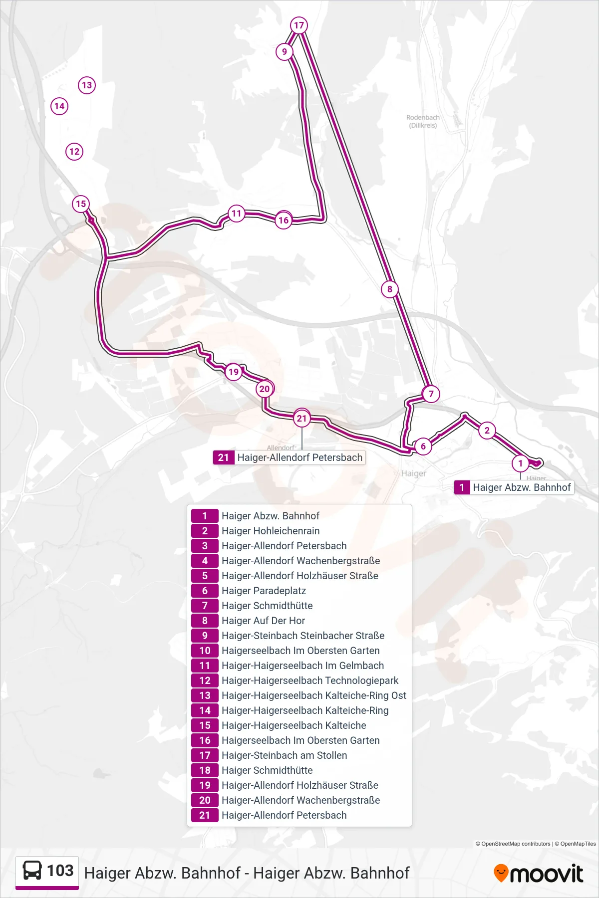 103 bus Line (Haiger Paradeplatz) route and stops on a map