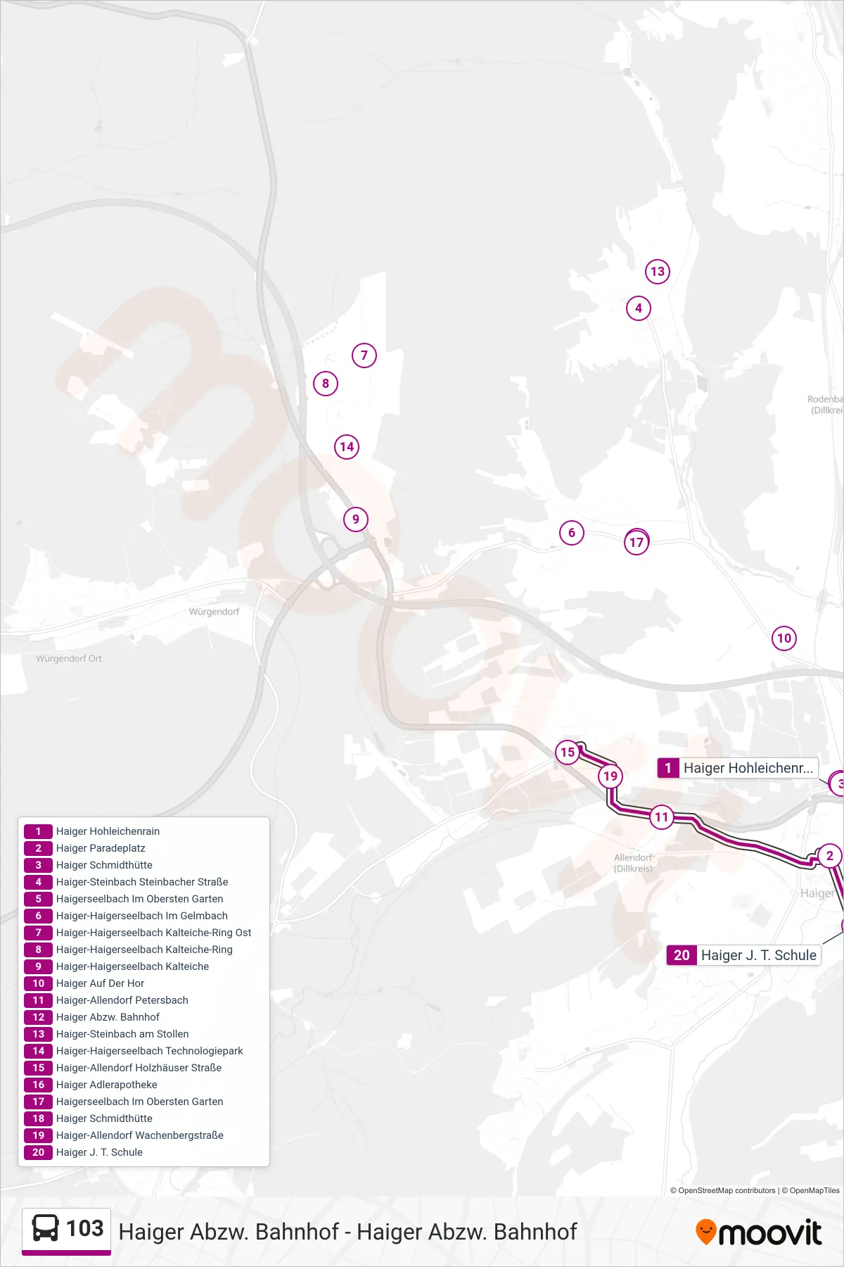 103 bus Line (Haiger J. T. Schule) route and stops on a map