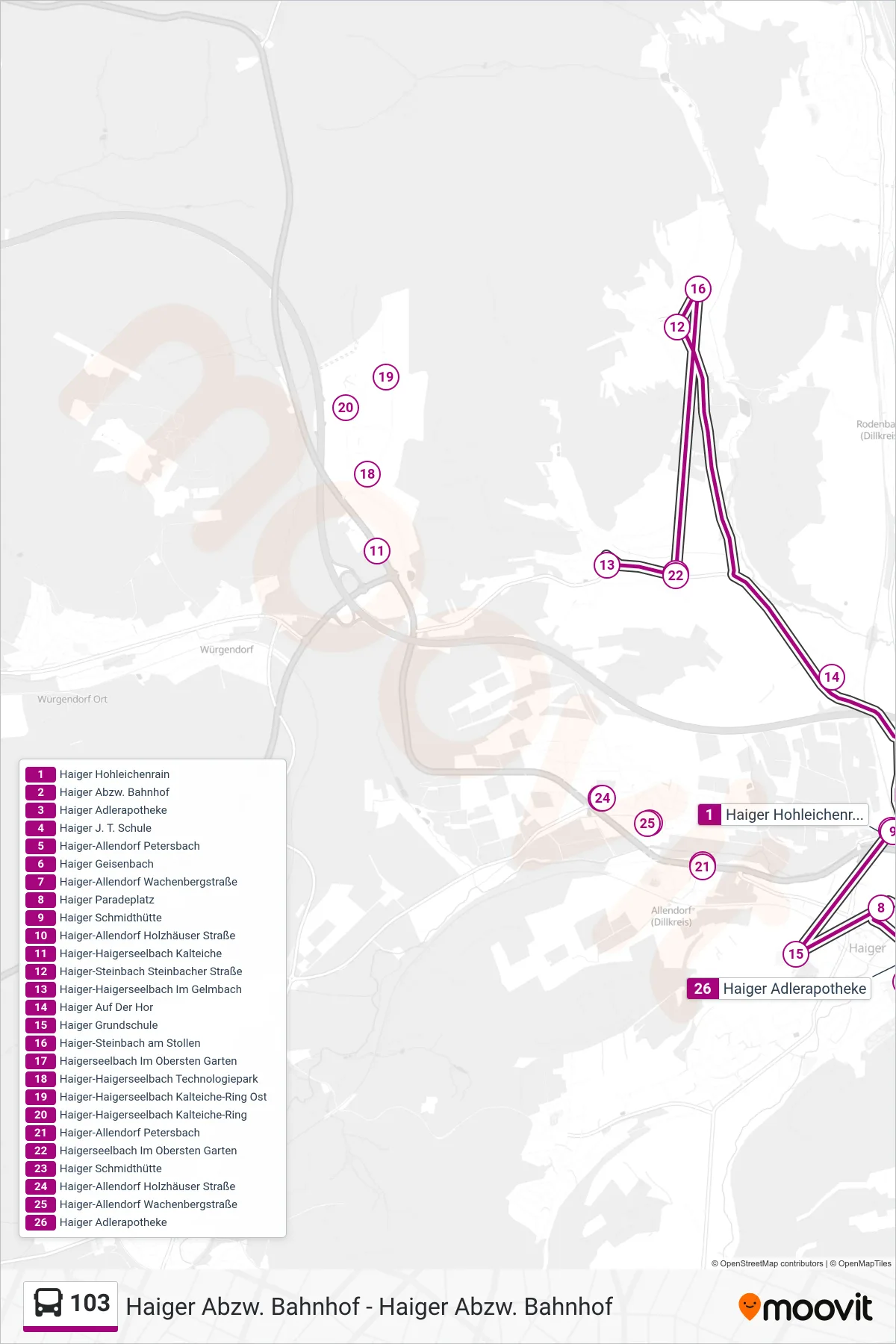 103 bus Line (Haiger Abzw. Bahnhof) route and stops on a map