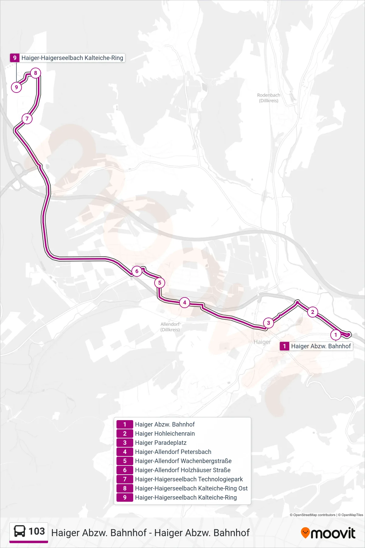 103 bus Line (Haiger-Haigerseelbach Kalteiche-Ring) route and stops on a map