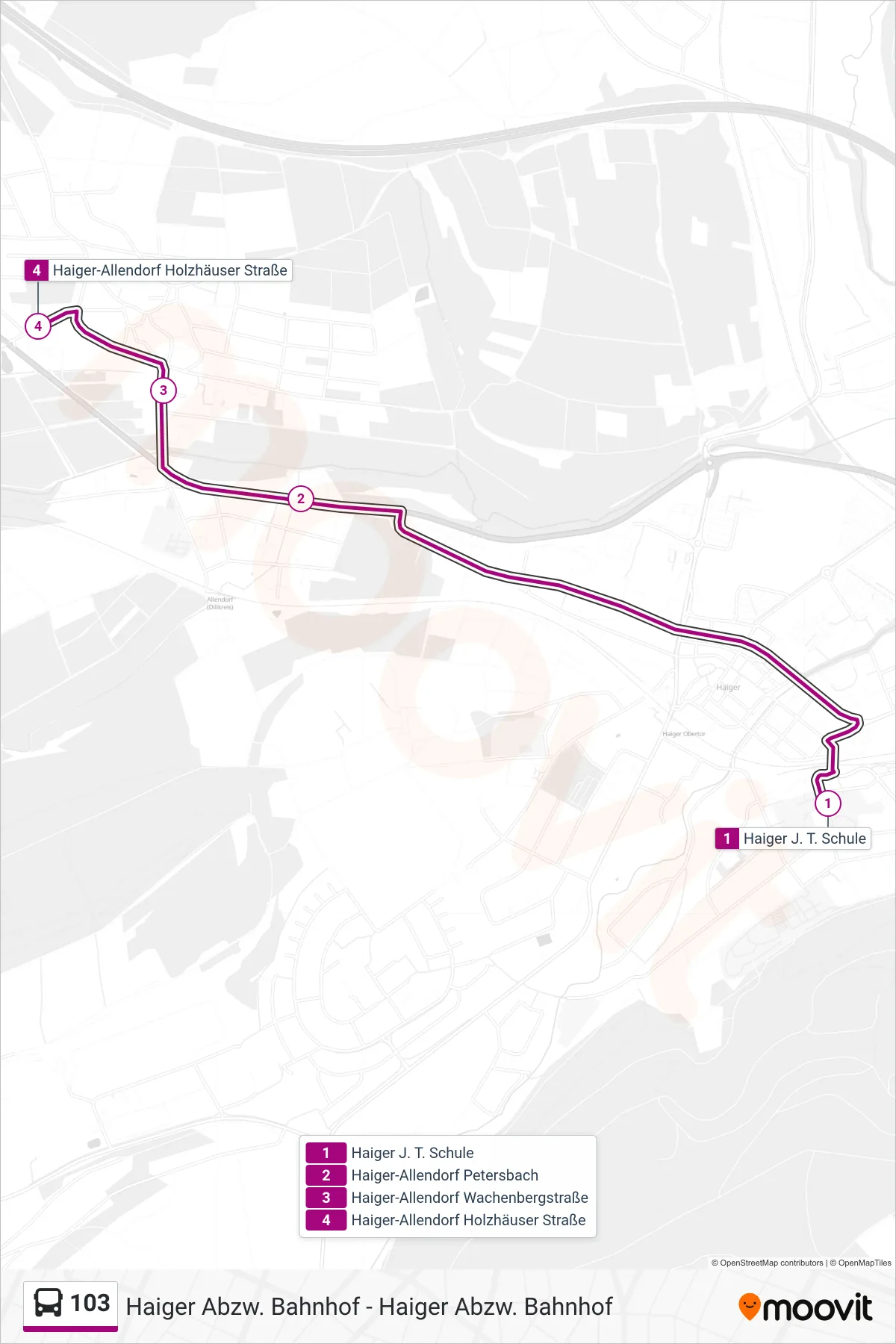 103 bus Line (Haiger-Allendorf Holzhäuser Straße) route and stops on a map