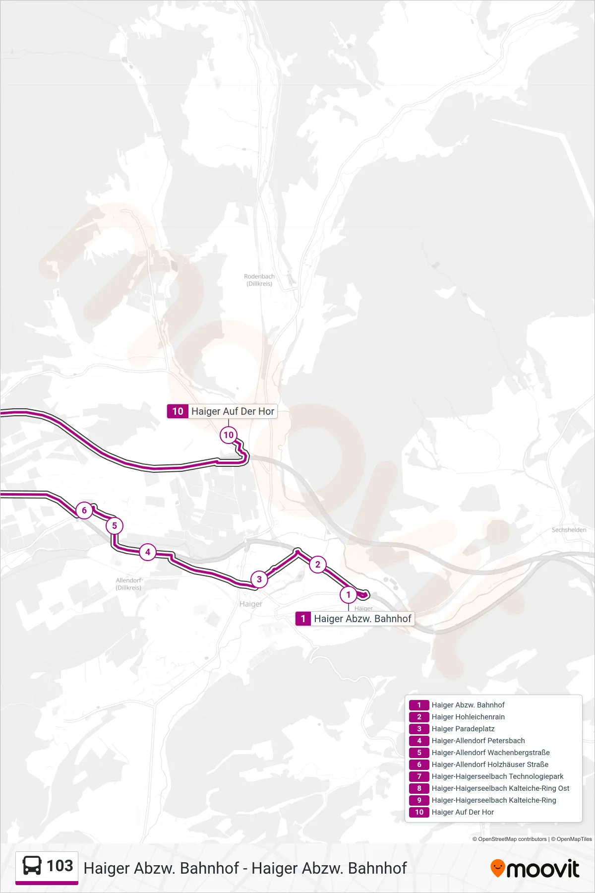 Linie 103 (Bus) Richtung Haiger Auf Der Hor: Route und Haltestellen auf der Karte