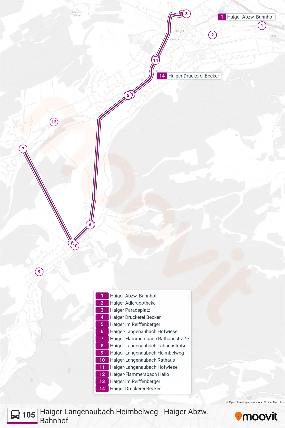 Linie 105 (Bus) Richtung Haiger Paradeplatz: Route und Haltestellen auf der Karte