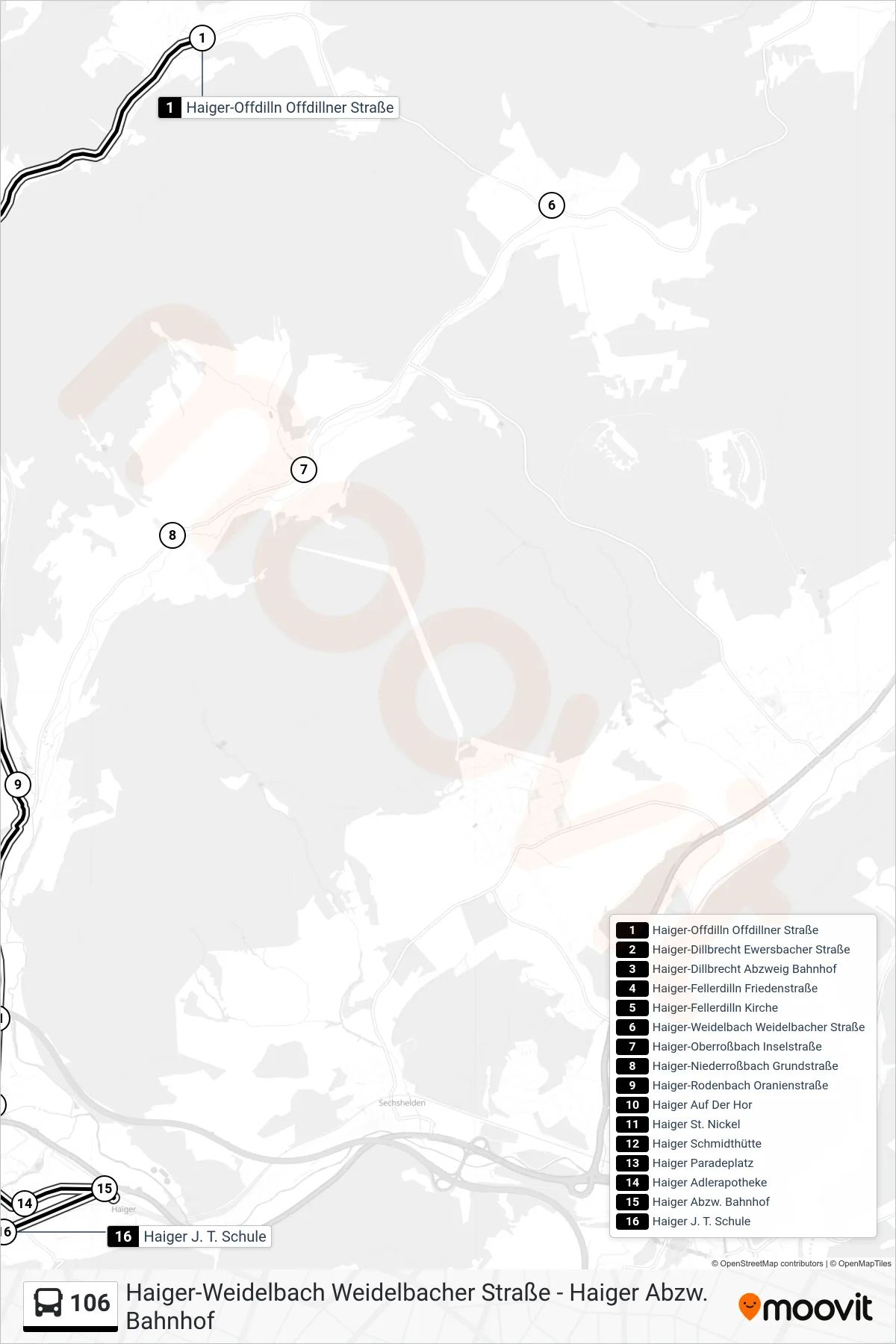 106 bus Line (Haiger J. T. Schule) route and stops on a map