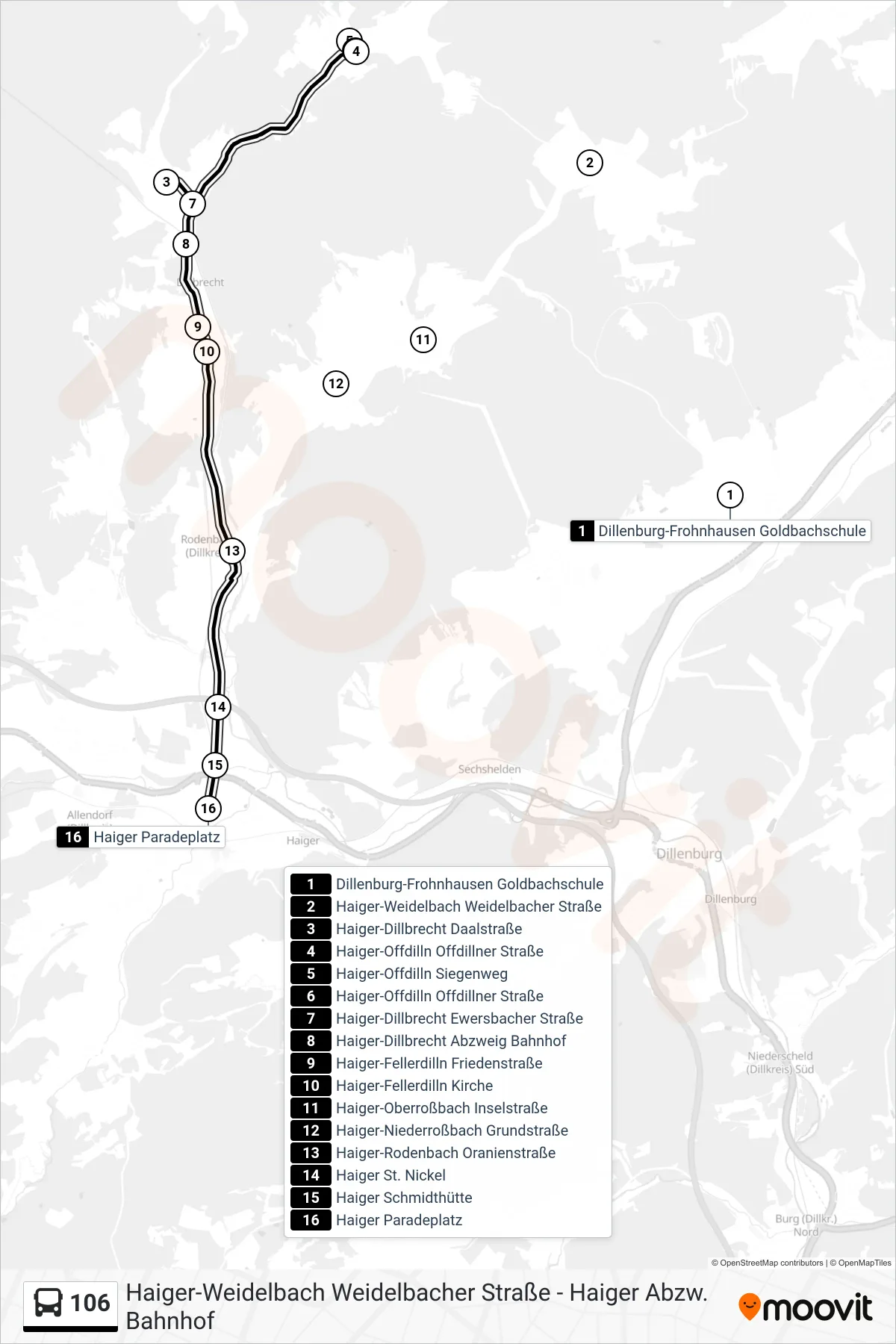 106 bus Line (Haiger Paradeplatz) route and stops on a map