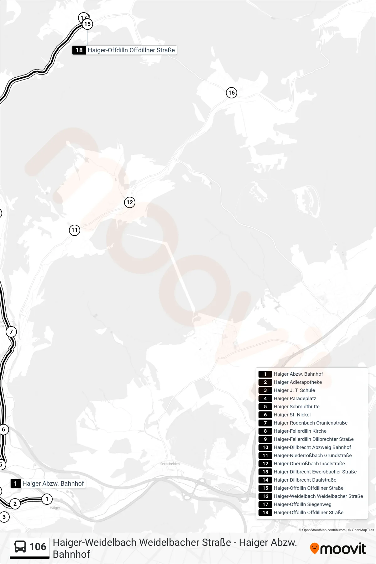 106 bus Line (Haiger-Offdilln Offdillner Straße) route and stops on a map