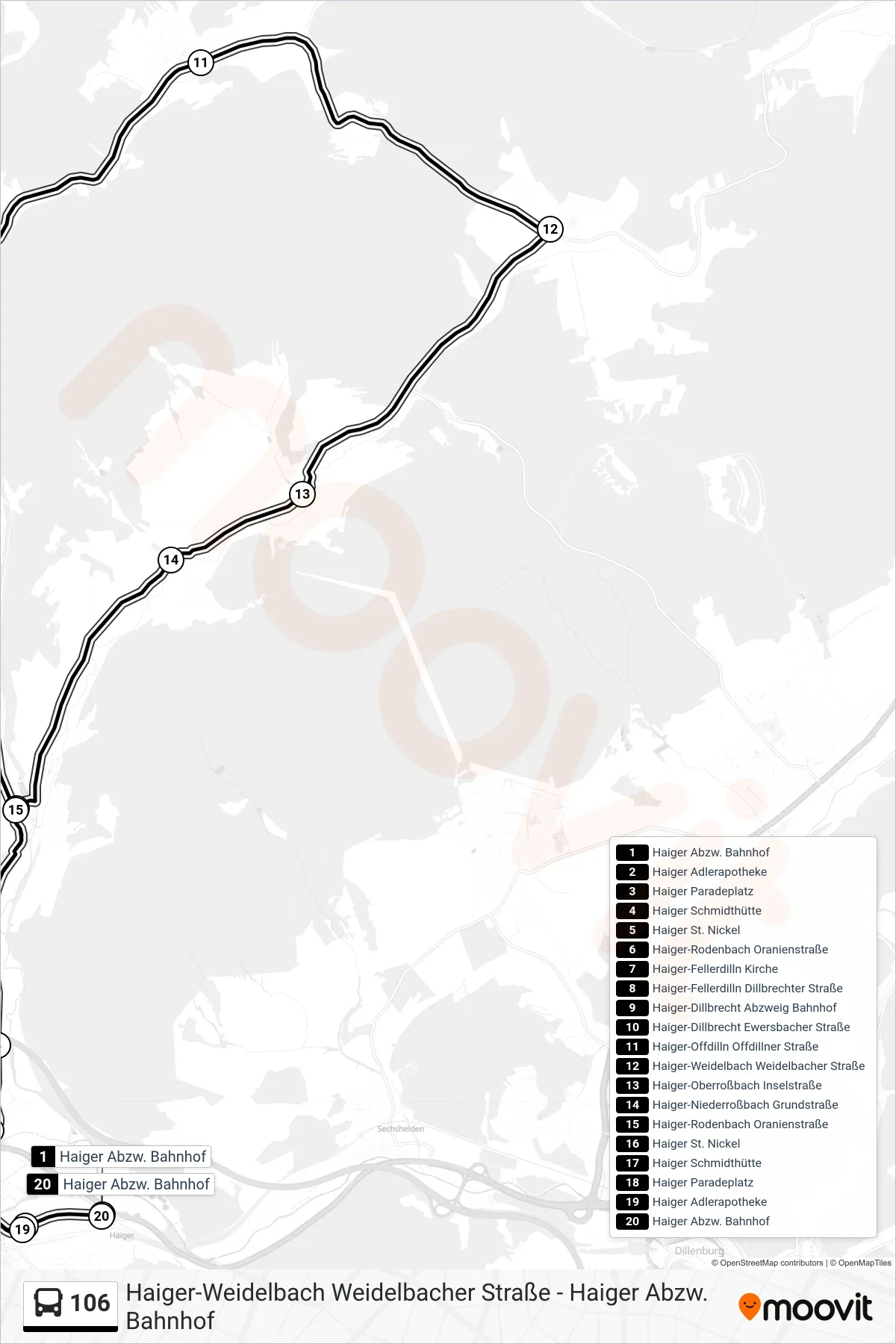 Linie 106 (Bus) Richtung Haiger Abzw. Bahnhof: Route und Haltestellen auf der Karte