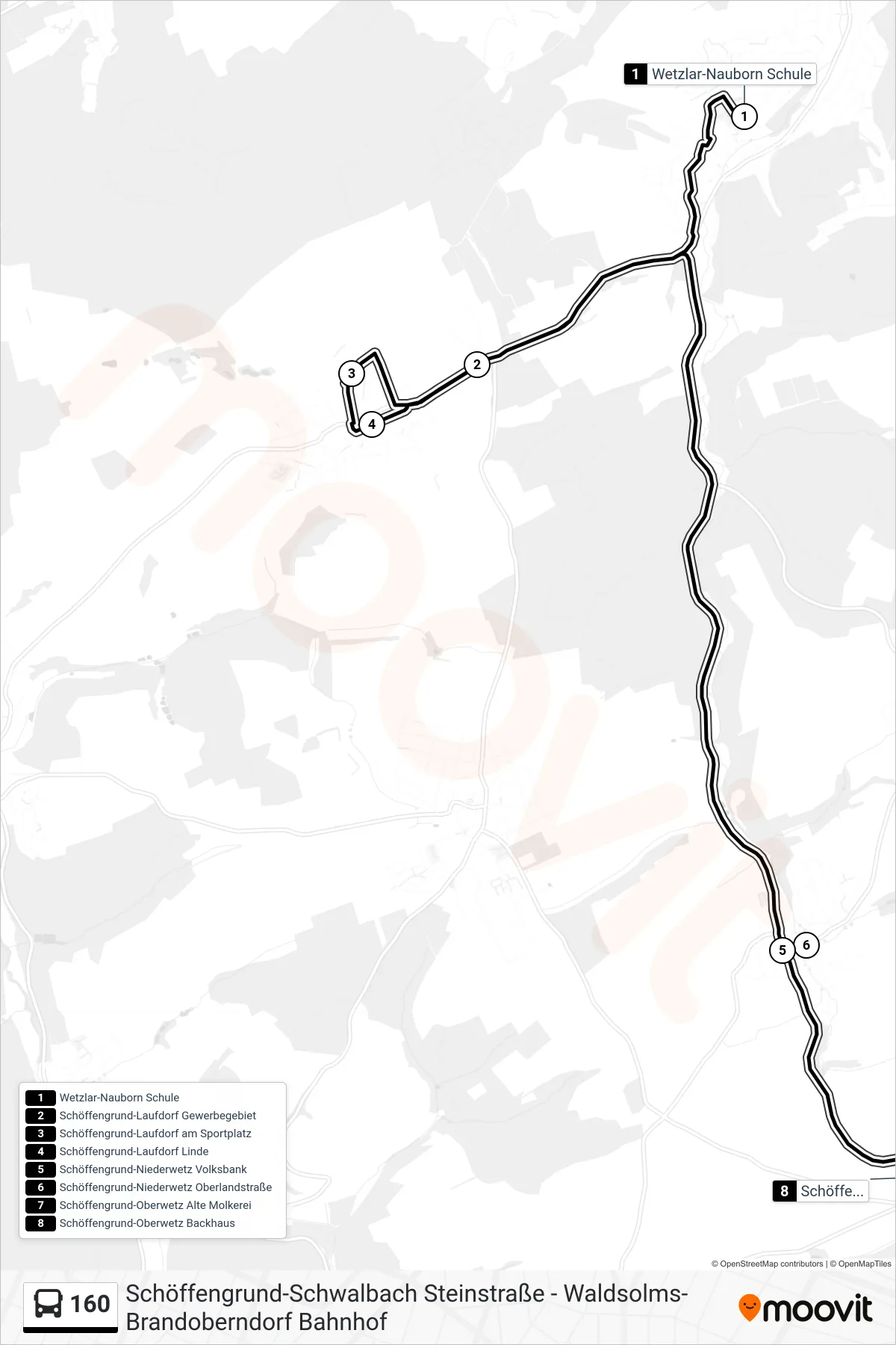 160 bus Line (Schöffengrund-Oberwetz Backhaus) route and stops on a map
