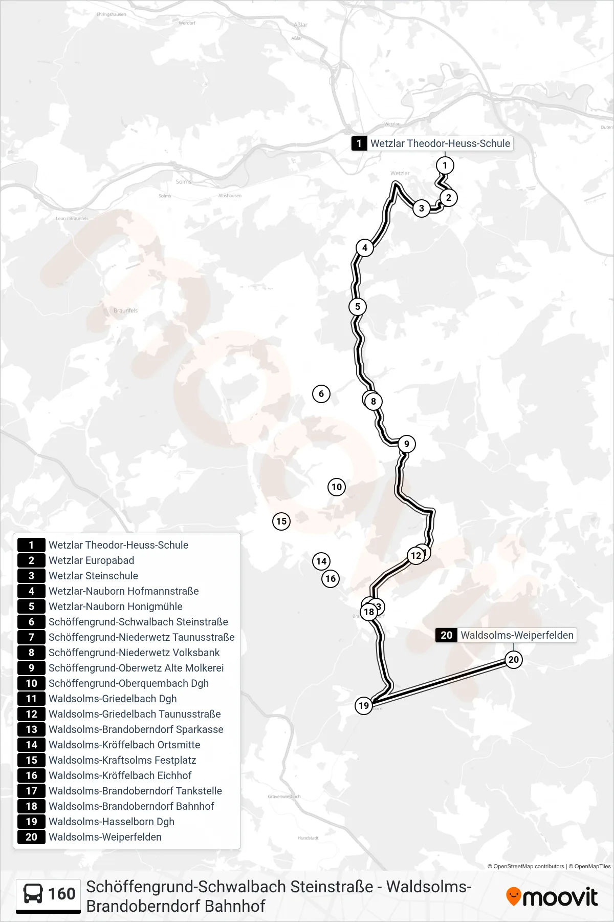 160 bus Line (Waldsolms-Weiperfelden) route and stops on a map