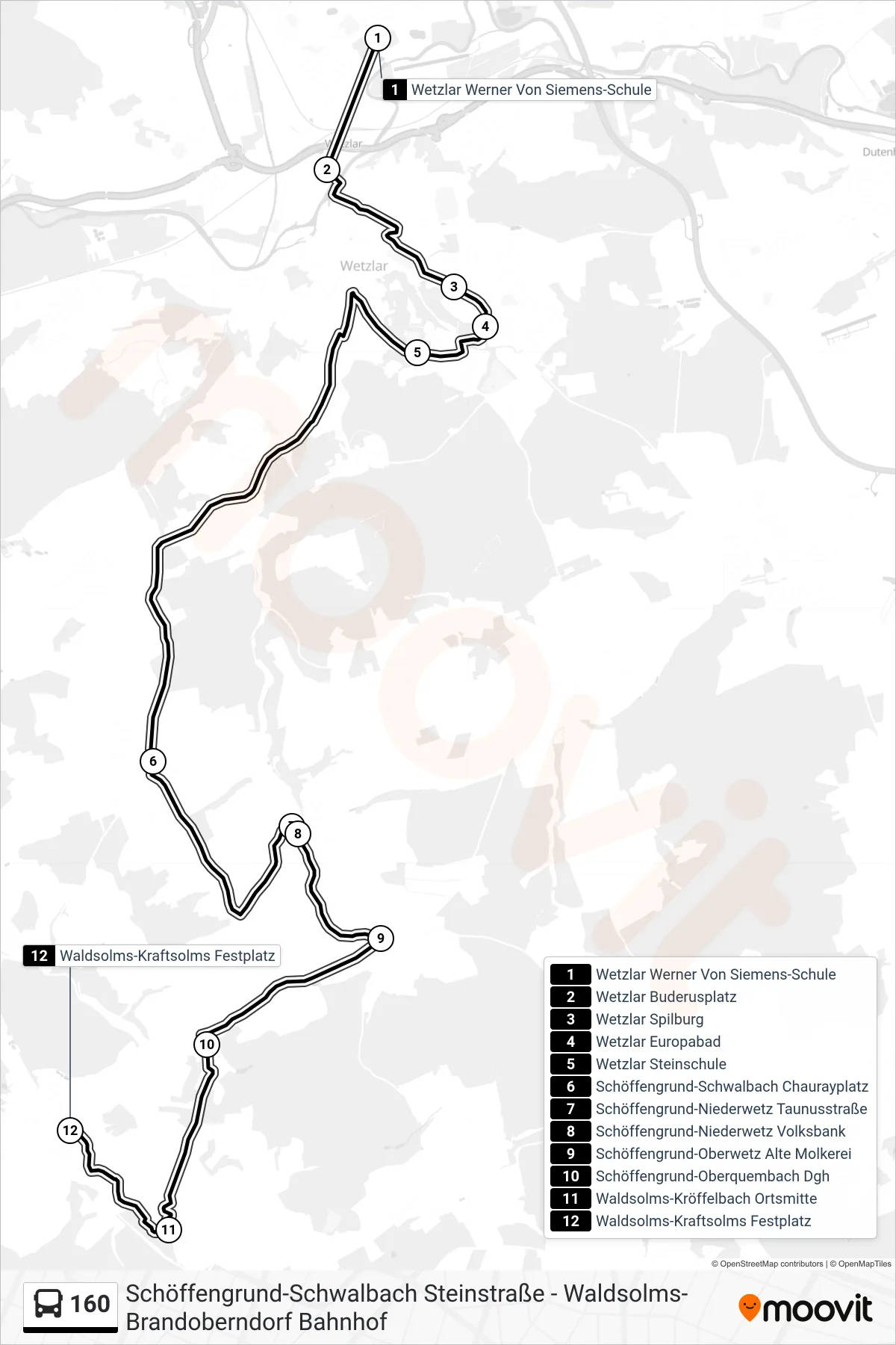 160 bus Line (Waldsolms-Kraftsolms Festplatz) route and stops on a map