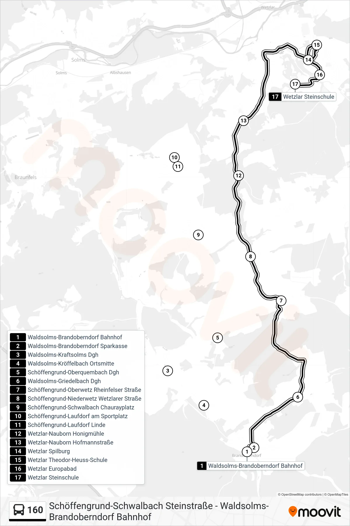 160 bus Line (Wetzlar Steinschule) route and stops on a map
