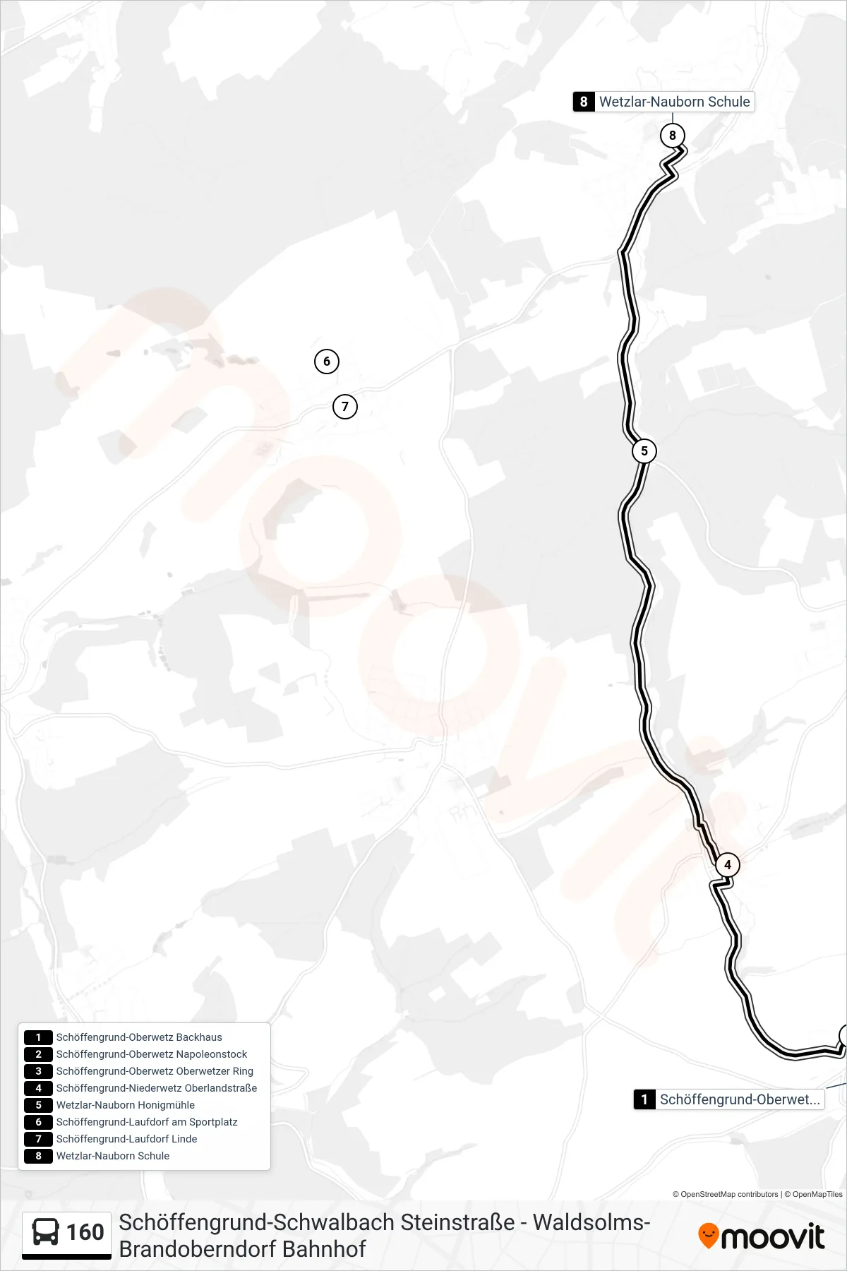 160 bus Line (Wetzlar-Nauborn Schule) route and stops on a map