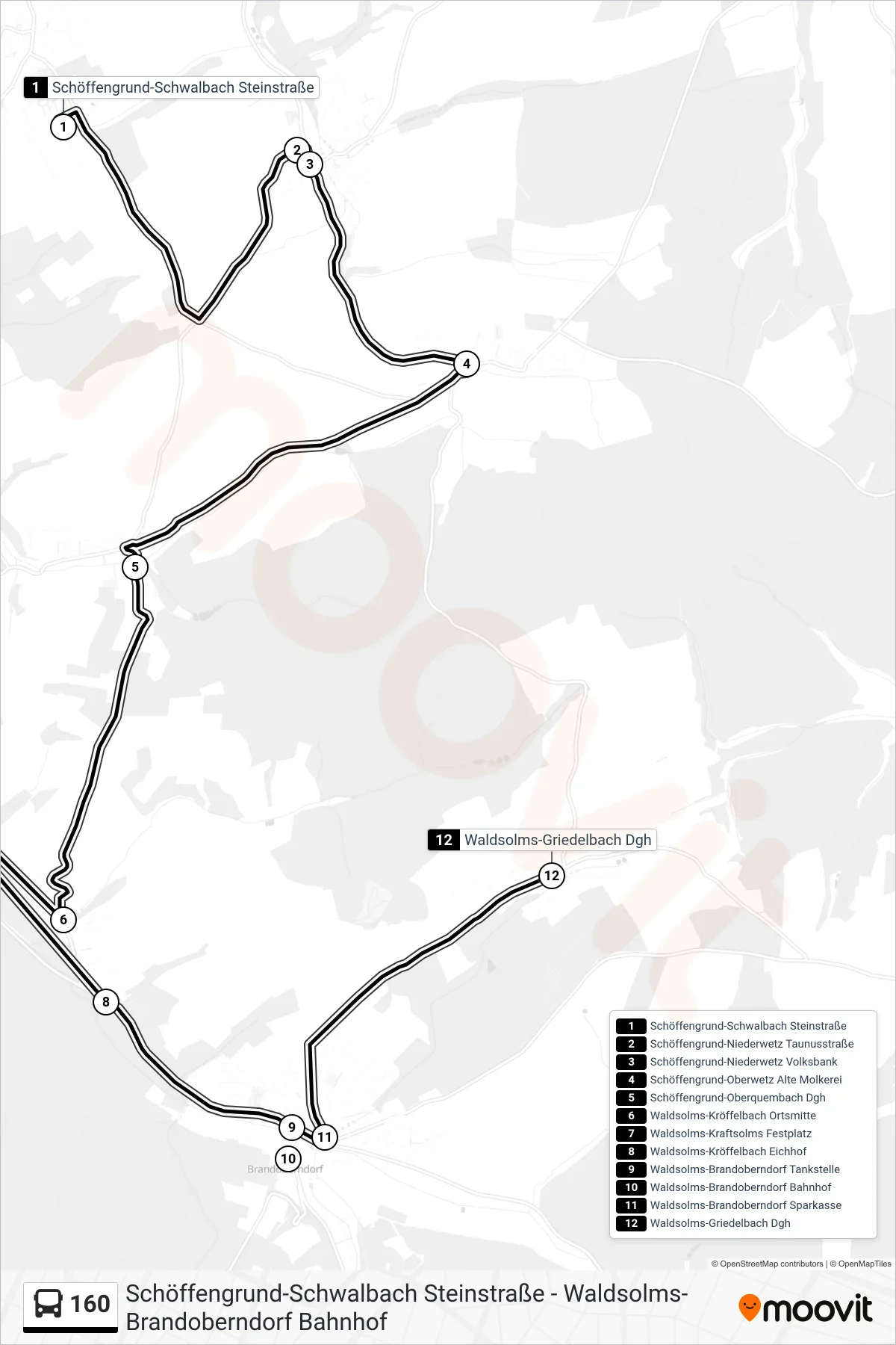 160 bus Line (Waldsolms-Griedelbach Dgh) route and stops on a map