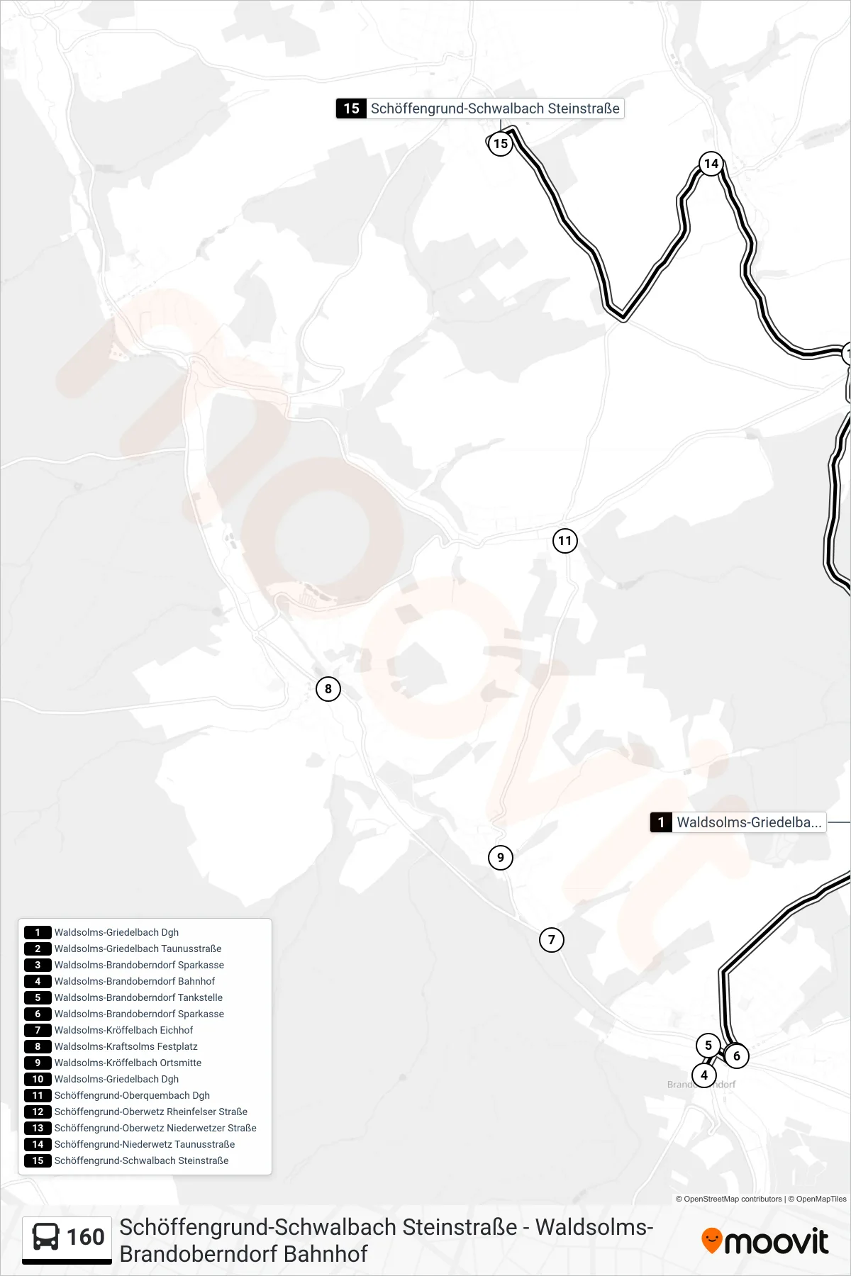 160 bus Line (Schöffengrund-Schwalbach Steinstraße) route and stops on a map