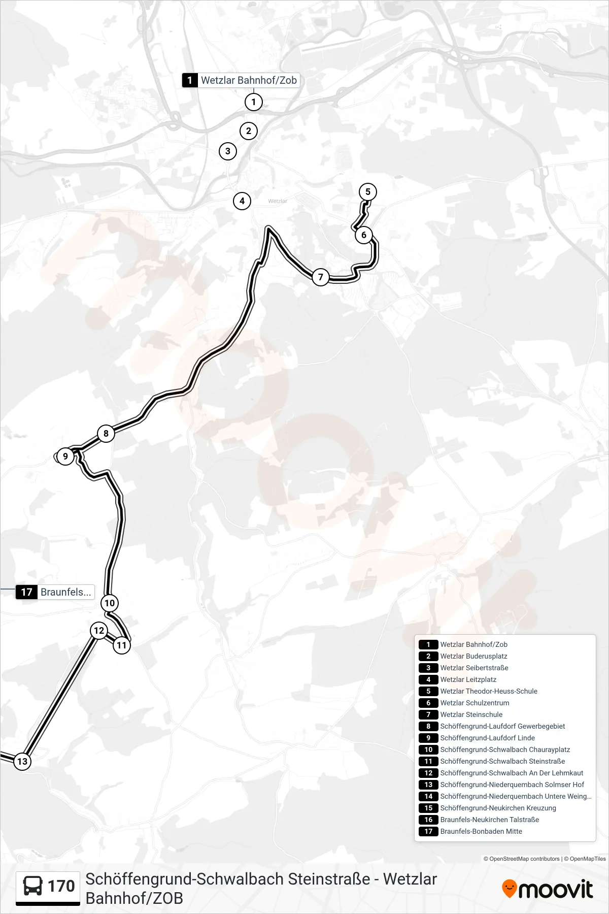 170 bus Line (Braunfels-Bonbaden Mitte) route and stops on a map