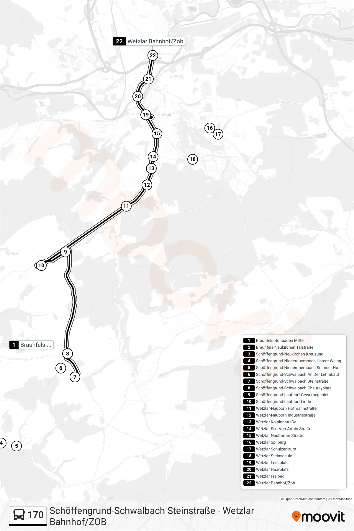Linie 170 (Bus) Richtung Wetzlar Bahnhof/Zob: Route und Haltestellen auf der Karte