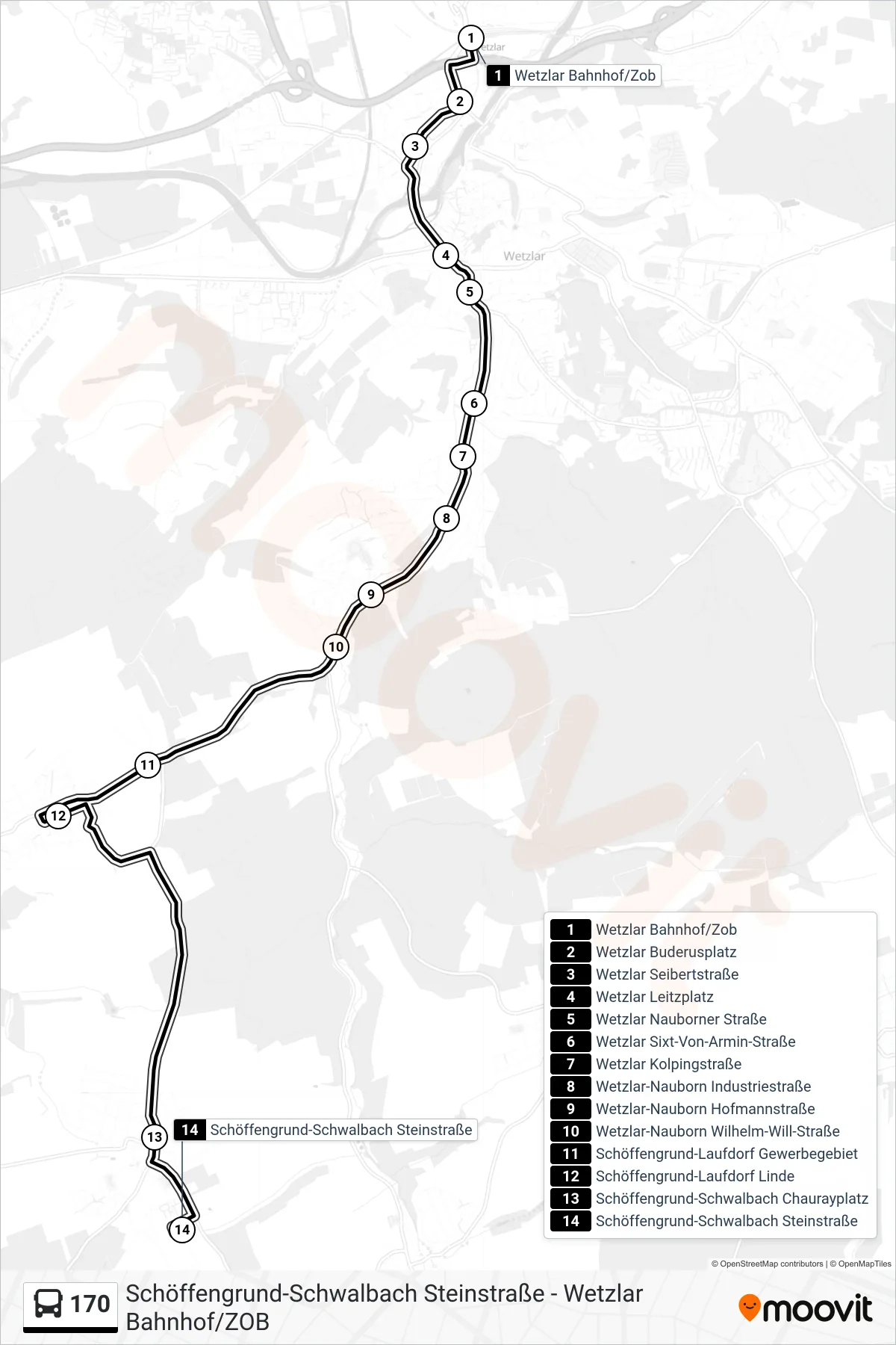 170 bus Line (Schöffengrund-Schwalbach Steinstraße) route and stops on a map