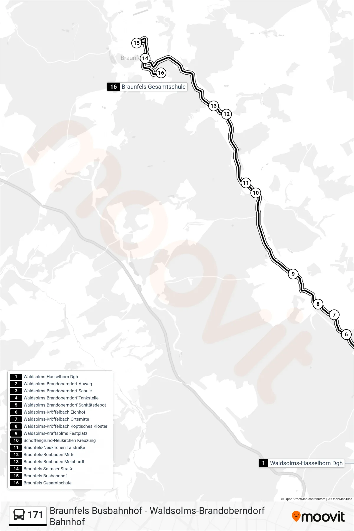 171 bus Line (Braunfels Gesamtschule) route and stops on a map