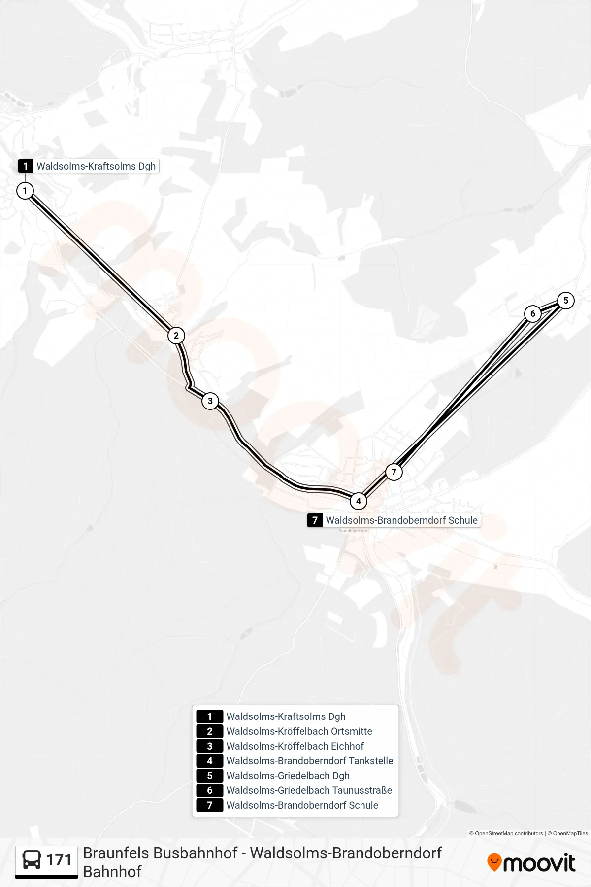 171 bus Line (Waldsolms-Brandoberndorf Schule) route and stops on a map