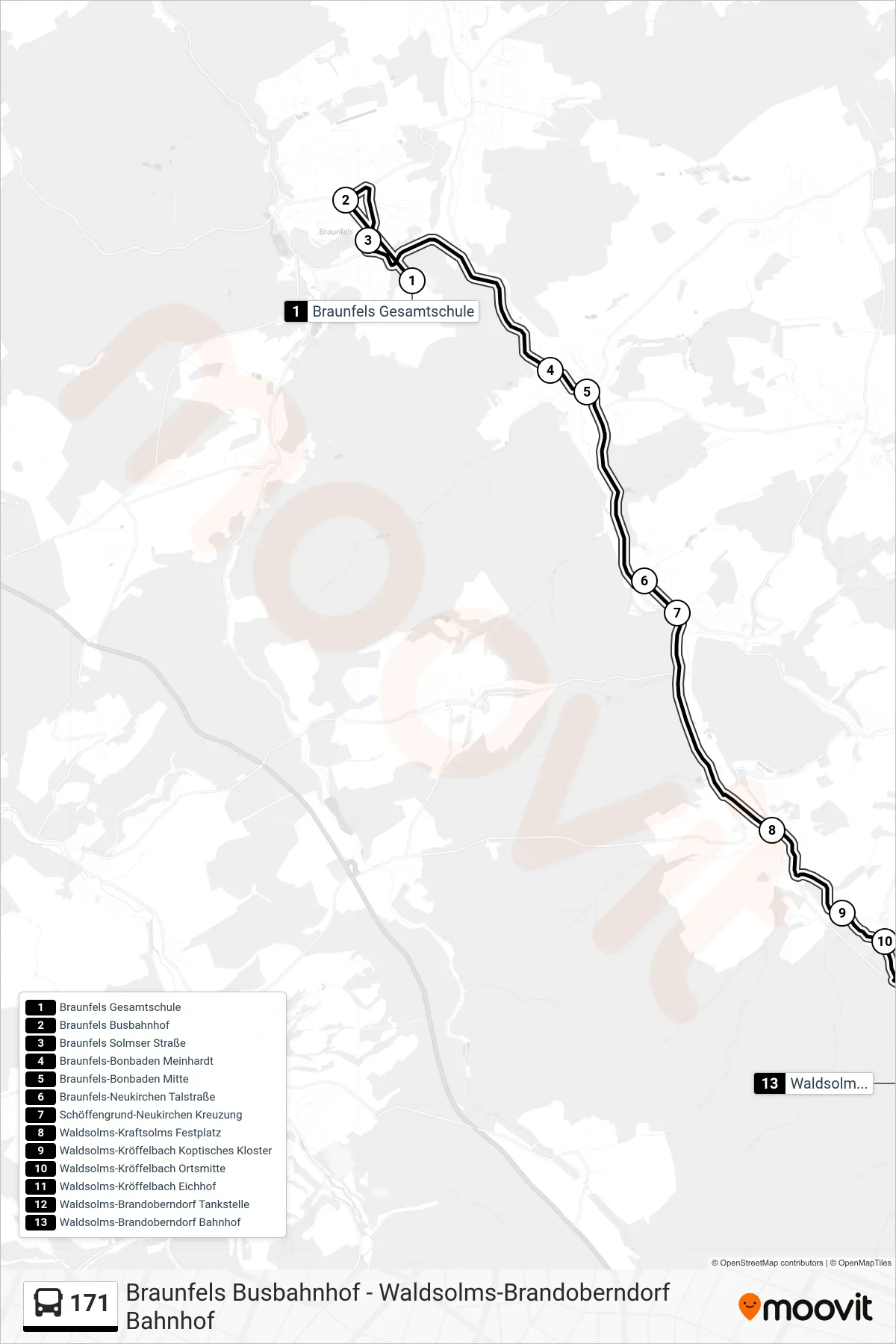 Linie 171 (Bus) Richtung Waldsolms-Brandoberndorf Bahnhof: Route und Haltestellen auf der Karte