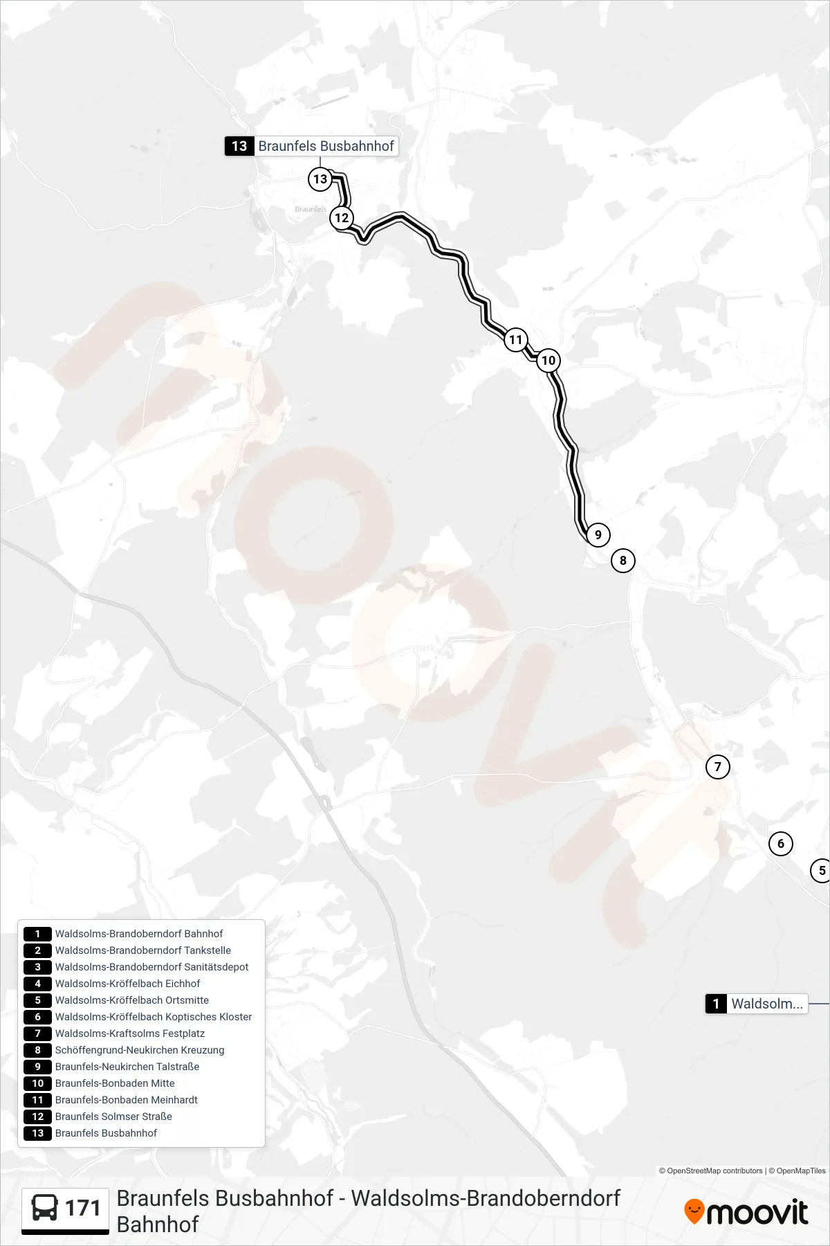 171 bus Line (Braunfels Busbahnhof) route and stops on a map