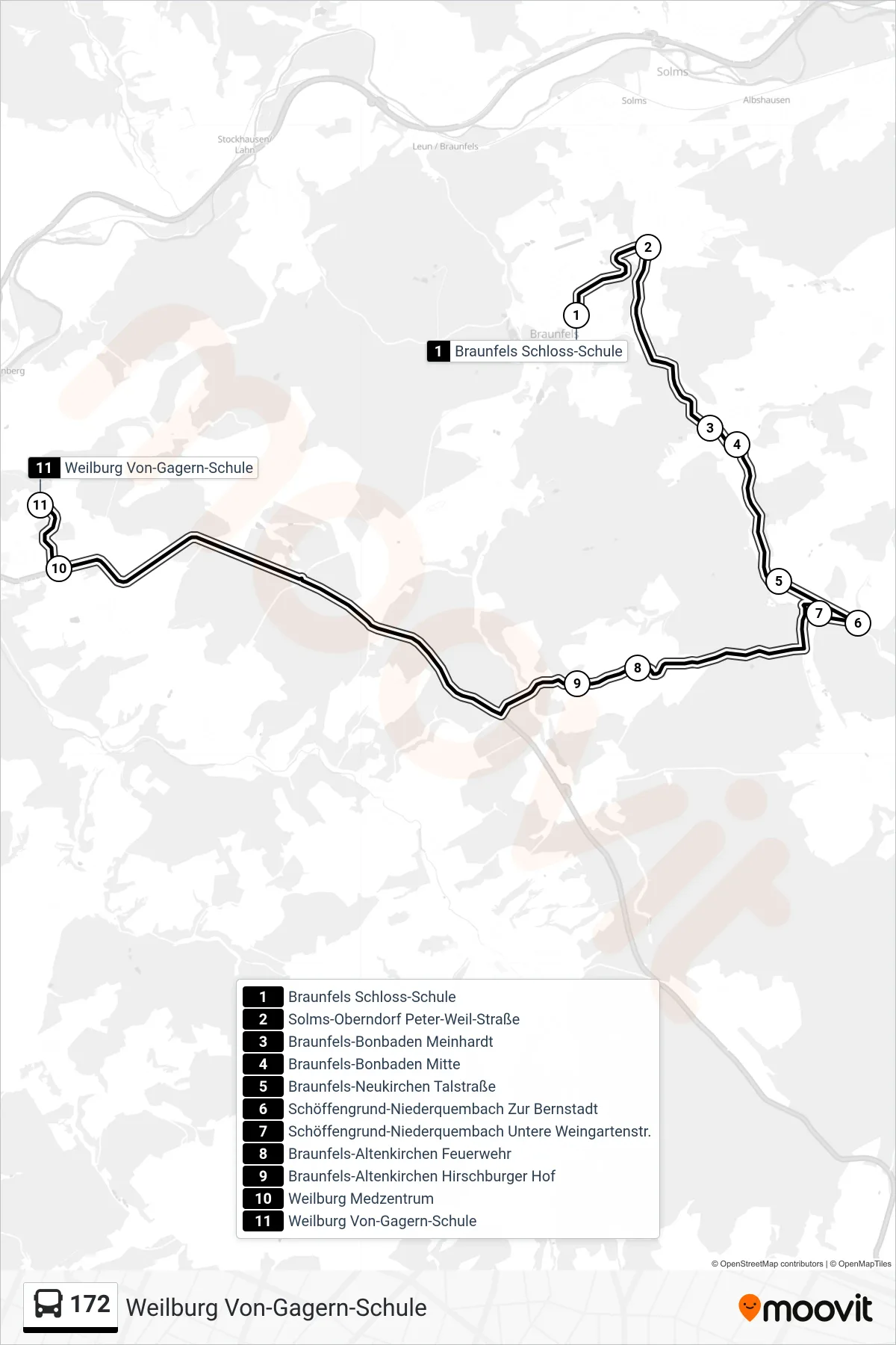 Linie 172 (Bus) Richtung Weilburg Von-Gagern-Schule: Route und Haltestellen auf der Karte