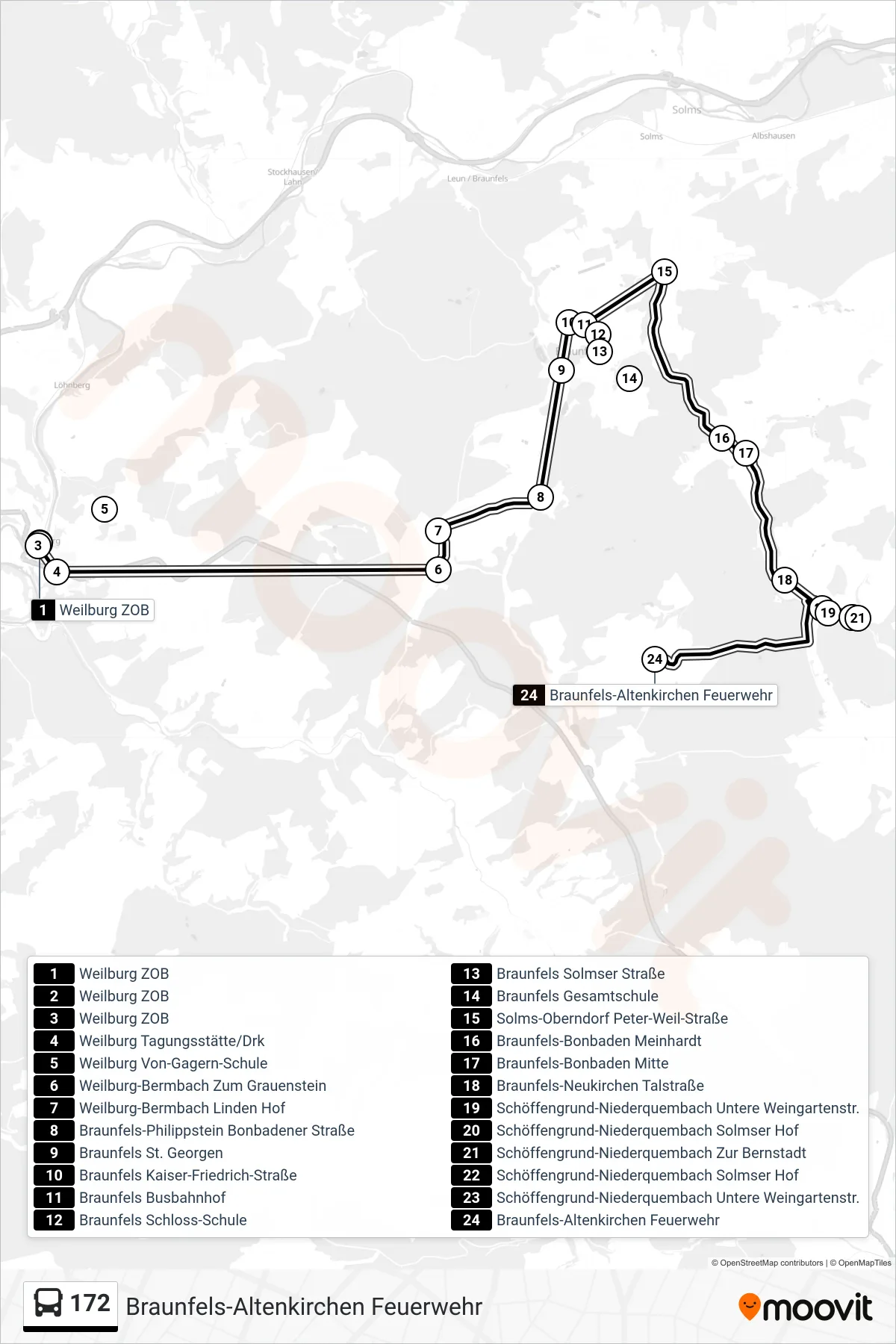 172 bus Line (Braunfels-Altenkirchen Feuerwehr) route and stops on a map