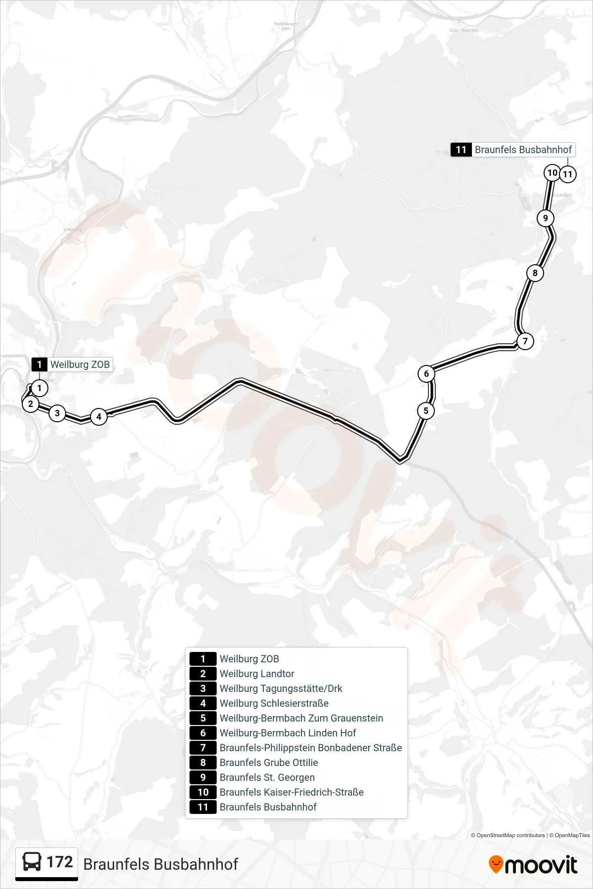 172 bus Line (Braunfels Busbahnhof) route and stops on a map