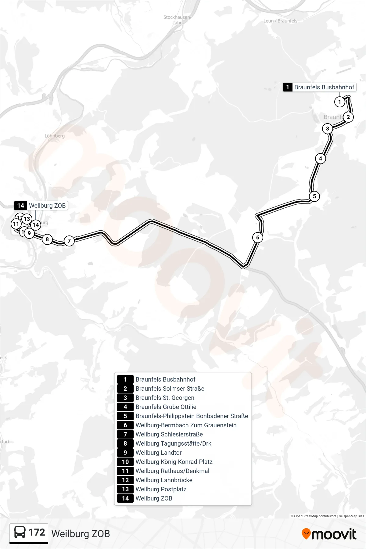 172 bus Line (Weilburg ZOB) route and stops on a map