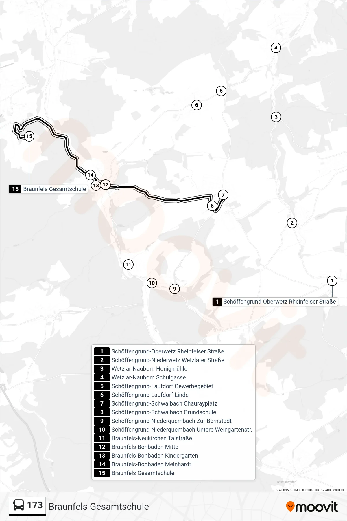 173 bus Line (Braunfels Gesamtschule) route and stops on a map