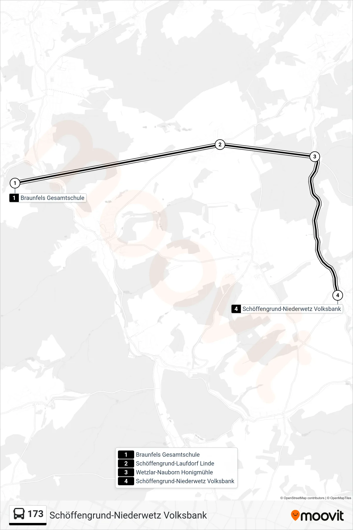 Linie 173 (Bus) Richtung Schöffengrund-Niederwetz Volksbank: Route und Haltestellen auf der Karte