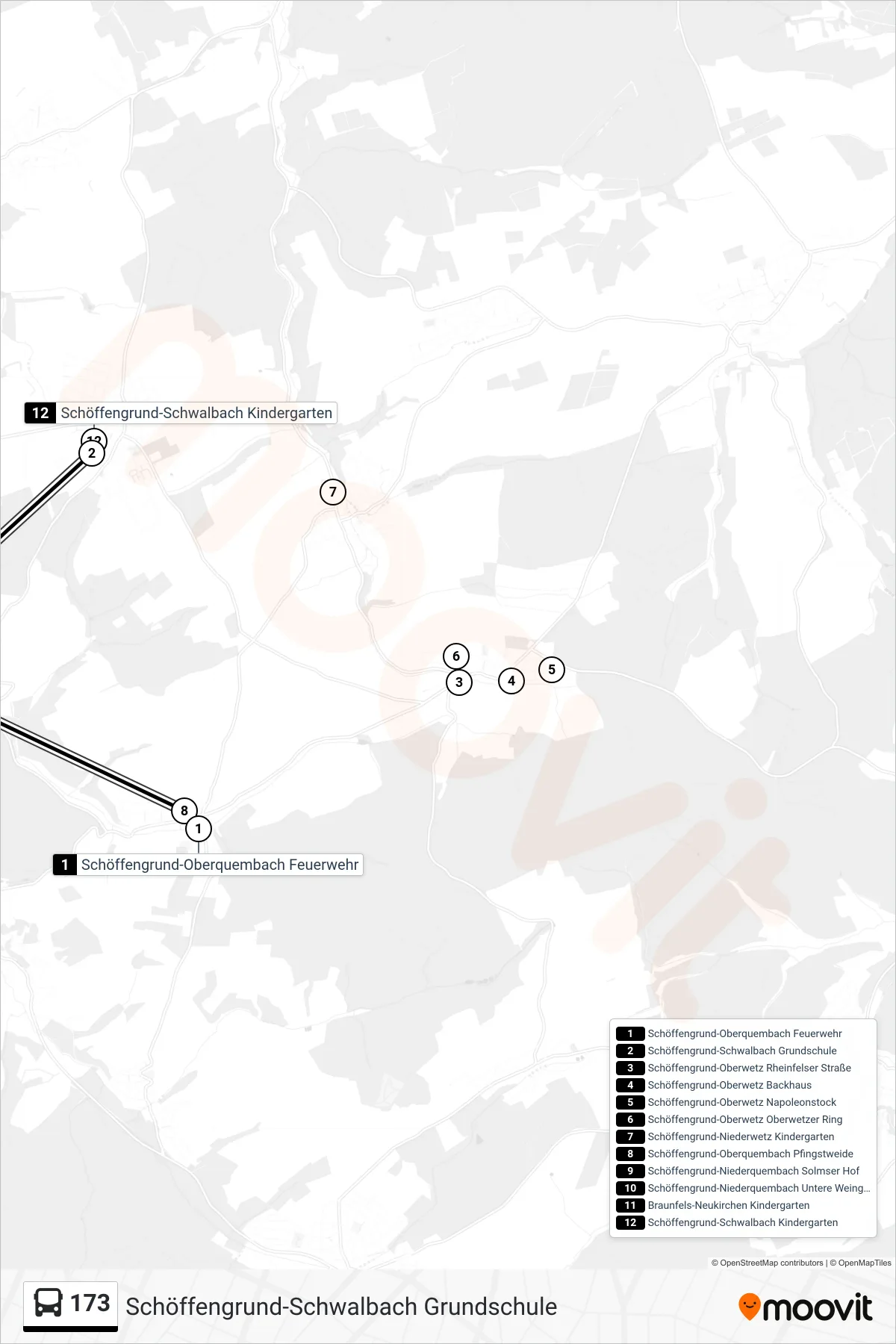 173 bus Line (Schöffengrund-Schwalbach Grundschule) route and stops on a map